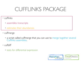 CUFFLINKS PACKAGE
•   cufﬂinks
    •   assembles transcripts
    •   estimates their abundances
•   cuffmerge
    •   a script called cuffmerge that you can use to merge together several
        Cufﬂinks assemblies.
•   cuffdiff
    •   tests for differential expression
 