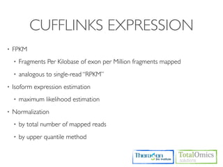 CUFFLINKS EXPRESSION
•   FPKM
    •   Fragments Per Kilobase of exon per Million fragments mapped
    •   analogous to single-read “RPKM”
•   Isoform expression estimation
    •   maximum likelihood estimation
•   Normalization
    •   by total number of mapped reads
    •   by upper quantile method
 