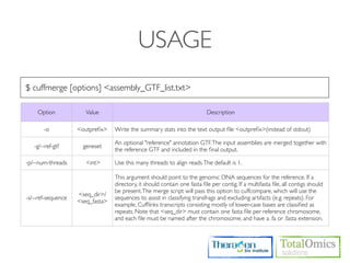 USAGE
$ cuffmerge [options] <assembly_GTF_list.txt>

    Option             Value                                               Description

       -o           <outpreﬁx>    Write the summary stats into the text output ﬁle <outpreﬁx>(instead of stdout)

                                  An optional "reference" annotation GTF. The input assemblies are merged together with
   -g/--ref-gtf       geneset
                                  the reference GTF and included in the ﬁnal output.

-p/--num-threads       <int>      Use this many threads to align reads. The default is 1.

                                  This argument should point to the genomic DNA sequences for the reference. If a
                                  directory, it should contain one fasta ﬁle per contig. If a multifasta ﬁle, all contigs should
                                  be present. The merge script will pass this option to cuffcompare, which will use the
                    <seq_dir>/
-s/--ref-sequence                 sequences to assist in classifying transfrags and excluding artifacts (e.g. repeats). For
                    <seq_fasta>
                                  example, Cufﬂinks transcripts consisting mostly of lower-case bases are classiﬁed as
                                  repeats. Note that <seq_dir> must contain one fasta ﬁle per reference chromosome,
                                  and each ﬁle must be named after the chromosome, and have a .fa or .fasta extension.
 