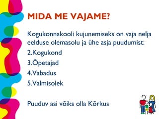 MIDA ME VAJAME?
Kogukonnakooli kujunemiseks on vaja nelja
eelduse olemasolu ja ühe asja puudumist:
2.Kogukond
3.Õpetajad
4.Vabadus
5.Valmisolek

Puuduv asi võiks olla Kõrkus
 