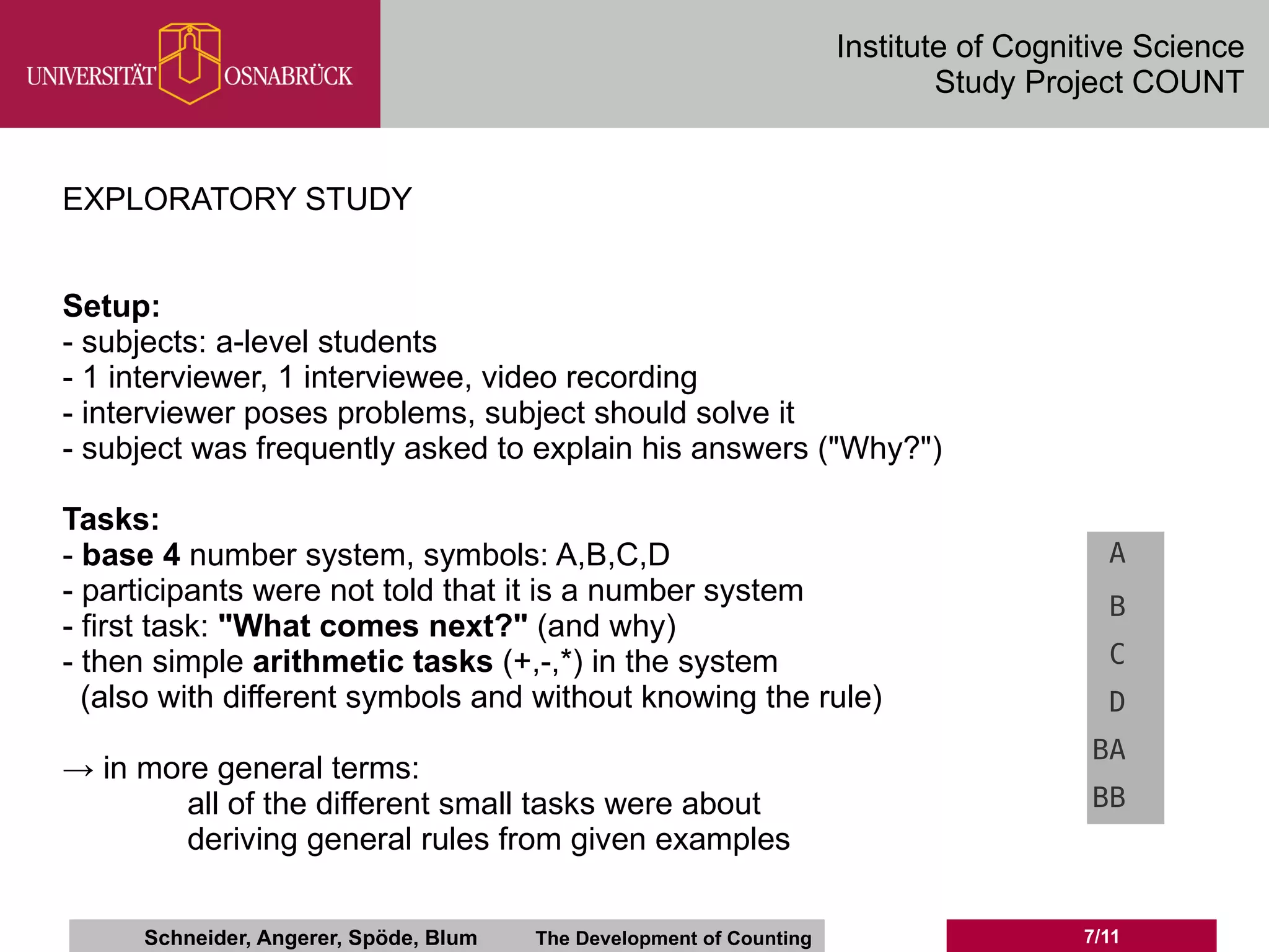Institute of Cognitive Science
                                                                             Study Project COUNT


EXPLORATORY STUDY


Setup:
- subjects: a-level students
- 1 interviewer, 1 interviewee, video recording
- interviewer poses problems, subject should solve it
- subject was frequently asked to explain his answers ("Why?")

Tasks:
- base 4 number system, symbols: A,B,C,D                                                 A
- participants were not told that it is a number system                                  B
- first task: "What comes next?" (and why)
- then simple arithmetic tasks (+,-,*) in the system                                     C
  (also with different symbols and without knowing the rule)                             D
                                                                                       BA
→ in more general terms:
        all of the different small tasks were about                                    BB
        deriving general rules from given examples


     Schneider, Angerer, Spöde, Blum   The Development of Counting                     7/11
 