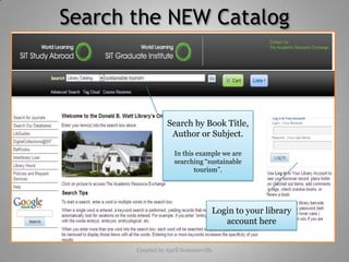 Search the NEW Catalog Search by Book Title, Author or Subject. In this example we are searching “sustainable tourism”. Login to your library account here Created by April Sommerville 