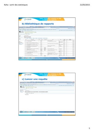 Koha : sortir des statistiques 21/05/2015
5
b) Bibliothèque de rapports
Koha : Formation Initiation au SQL
2. Utiliser les rapports
9
c) Lancer une requête
Koha : Formation Initiation au SQL
2. Utiliser les rapports
10
 