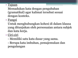 • Tujuan
Memadukan kata dengan pengubahan
(gramatikal) agar kalimat tersebut sesuai
dengan konteks.
• Fungsi
Untuk menghubungkan kohesi di dalam klausa
yang ditunjukan oleh persesuaian antara subjek
dan kata kerja.
• Ciri-ciri
- Memiliki satu kata dasar yang sama.
- Berupa kata imbuhan, pemajemukan dan
pengulangan
 