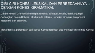 CIRI-CIRI KOHESI LEKSIKAL DAN PERBEDAANNYA
DENGAN KOHESI GRAMATIKAL
Dalam Kohesi Gramatikal terdapat refrensi, subtitusi, elipsis, dan konjungsi.
Sedangkan dalam Kohesi Leksikal ada reterasi, repetisi, sinonimi, himponimi,
metonimi, dan antonimi.
Maka dari itu, perbedaan dari kedua Kohesi tersebut bisa menjadi ciri-ciri tiap Kohesi.
 