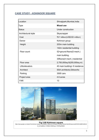 1
CASE STUDY - KOHINOOR SQUARE
Location Shivajipark,Mumbai,India
Type Mixed use
Status Under construction
Architectural style Skyscrapper
Cost ₹21 billion(US$330 million)
Owner Kohinoor group
Height 203m main building
142m residential building
Floor count 52+ground floors(5 mech.)
main building,
35floors(4 mech.) residential
Floor area 2,750,000sq.ft(255,000sq.m)
Lifts/elevators 40 main building+ 8 residence
Architect SSA architects,Gkkworks
Parking 3500 cars
Project area 4.6 acres
FAR 13
Fig 3.80 Kohinoor square
https://www.google.co.in/search?q=kohinoor+square+mumbai&dcr=0&source=lnms&tbm=isch&sa=X&ved=0ahUKEwjiuevrwaDZAhWJQ48KHc8lAvQ
Q_AUICigB&biw=1536&bih=684#imgrc=1tSiIBFgZfsBbM:
 