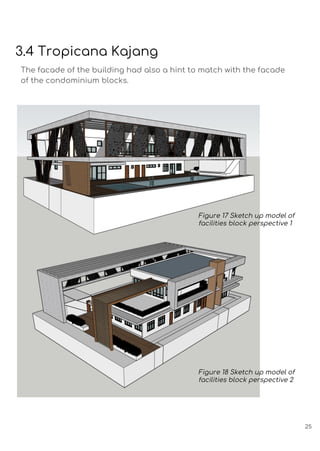 3.4 Tropicana Kajang
Figure 18 Sketch up model of
facilities block perspective 2
Figure 17 Sketch up model of
facilities block perspective 1
The facade of the building had also a hint to match with the facade
of the condominium blocks.
25
 