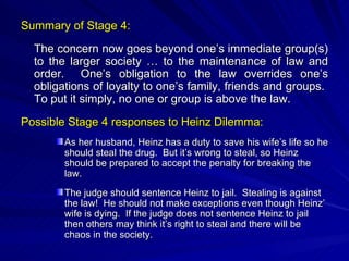 Summary of Stage 4: The concern now goes beyond one’s immediate group(s) to the larger society … to the maintenance of law and order.  One’s obligation to the law overrides one’s obligations of loyalty to one’s family, friends and groups.  To put it simply, no one or group is above the law. Possible Stage 4 responses to Heinz Dilemma: As her husband, Heinz has a duty to save his wife’s life so he should steal the drug.  But it’s wrong to steal, so Heinz should be prepared to accept the penalty for breaking the law. The judge should sentence Heinz to jail.  Stealing is against the law!  He should not make exceptions even though Heinz’ wife is dying.  If the judge does not sentence Heinz to jail then others may think it’s right to steal and there will be chaos in the society. 