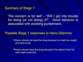 Summary of Stage 1: The concern is for self – “Will I get into trouble for doing (or not doing) it?”.  Good behavior is associated with avoiding punishment. Possible Stage 1 responses to Heinz Dilemma: Heinz should not steal the drug because he might be caught and sent to jail. Heinz should steal the drug because if he doesn’t then his wife might scold him. 