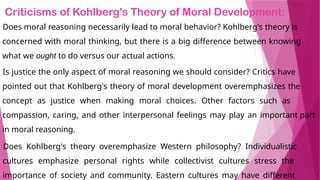 Criticisms of Kohlberg's Theory of Moral Development:
Does moral reasoning necessarily lead to moral behavior? Kohlberg's theory is
concerned with moral thinking, but there is a big difference between knowing
what we ought to do versus our actual actions.
Is justice the only aspect of moral reasoning we should consider? Critics have
pointed out that Kohlberg's theory of moral development overemphasizes the
concept as justice when making moral choices. Other factors such as
compassion, caring, and other interpersonal feelings may play an important part
in moral reasoning.
Does Kohlberg's theory overemphasize Western philosophy? Individualistic
cultures emphasize personal rights while collectivist cultures stress the
importance of society and community. Eastern cultures may have different
 