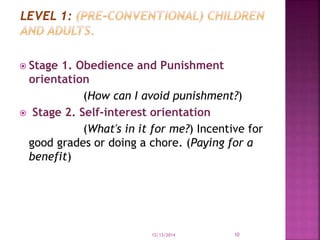  Stage 1. Obedience and Punishment 
orientation 
(How can I avoid punishment?) 
 Stage 2. Self-interest orientation 
(Wh...