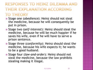  Stage one (obedience): Heinz should not steal 
the medicine, because he will consequently be 
put in prison. 
 Stage tw...
