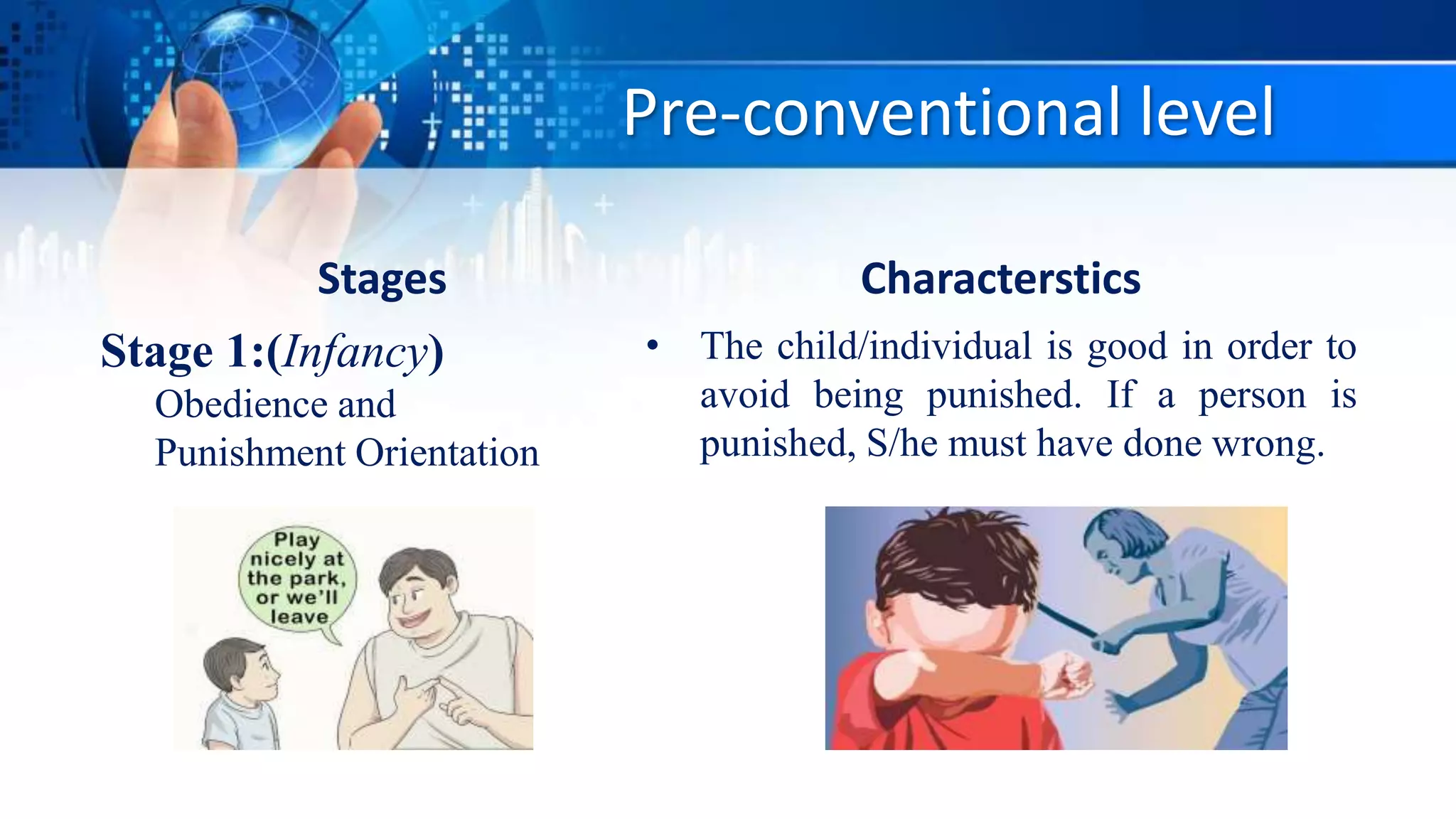 Pre-conventional level
Stages
Stage 1:(Infancy)
Obedience and
Punishment Orientation
Characterstics
• The child/individual is good in order to
avoid being punished. If a person is
punished, S/he must have done wrong.
 