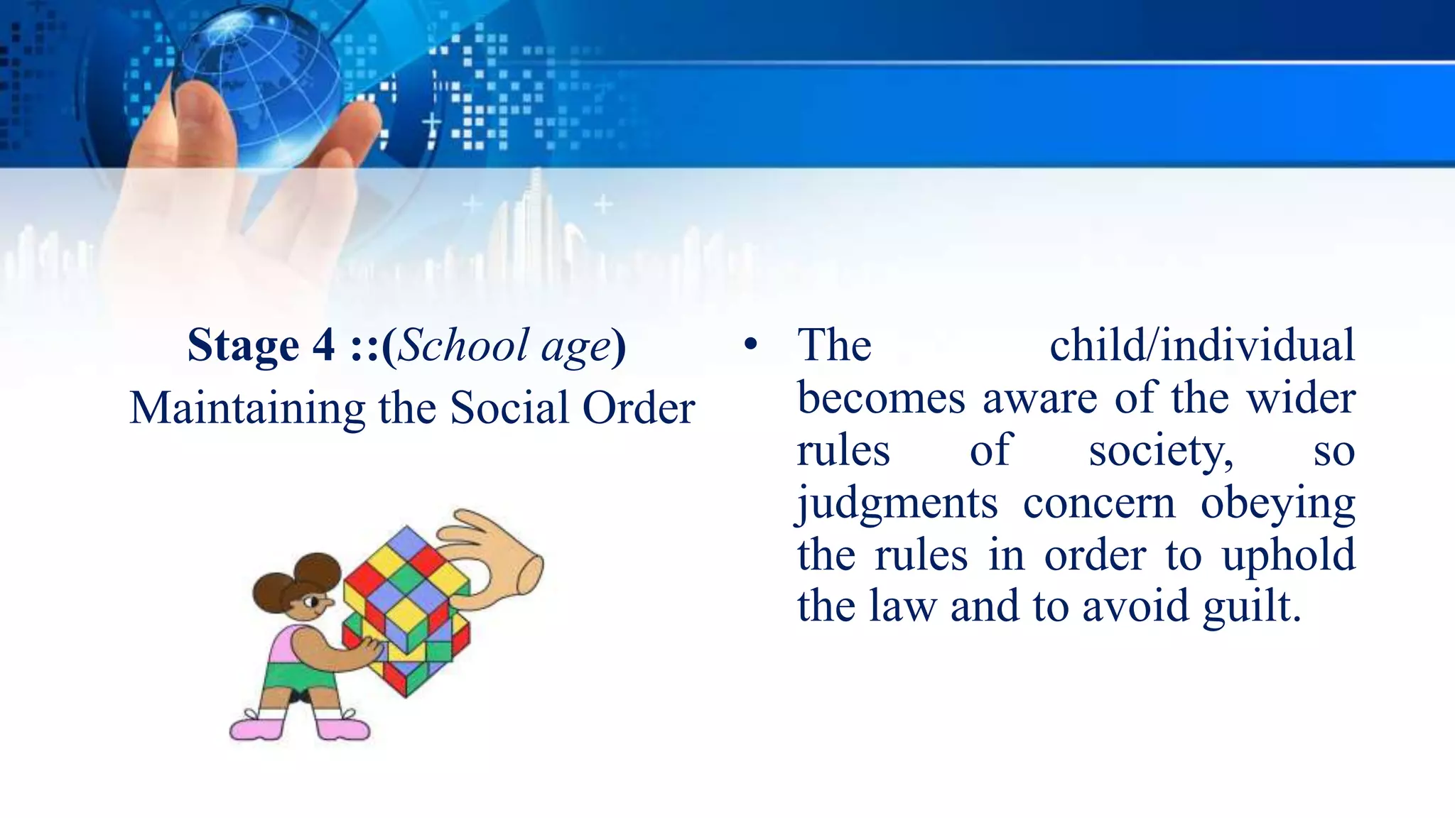 Stage 4 ::(School age)
Maintaining the Social Order
• The child/individual
becomes aware of the wider
rules of society, so
judgments concern obeying
the rules in order to uphold
the law and to avoid guilt.
 