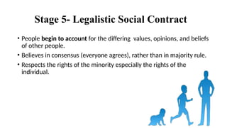Stage 5- Legalistic Social Contract
• People begin to account for the differing values, opinions, and beliefs
of other people.
• Believes in consensus (everyone agrees), rather than in majority rule.
• Respects the rights of the minority especially the rights of the
individual.
 