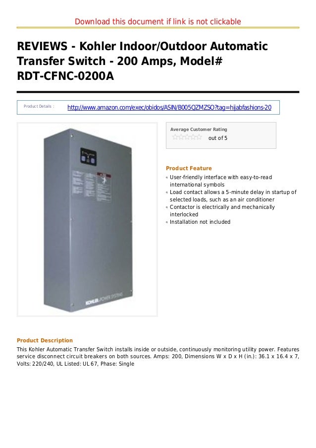 Kohler indoor outdoor automatic transfer switch 200 amps model rdtcfnc