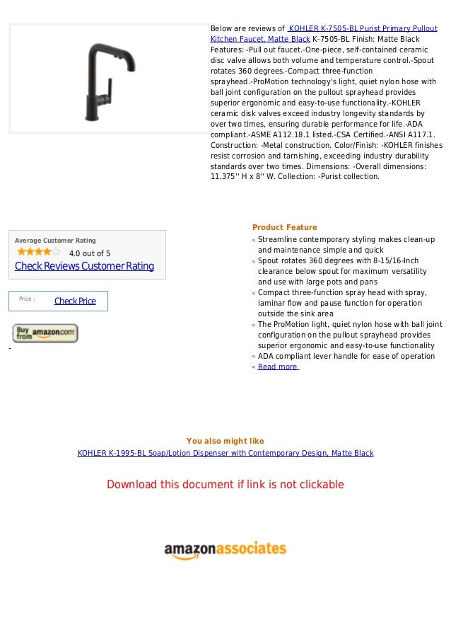 Kohler k 7505bl purist primary pullout kitchen faucet, matte black