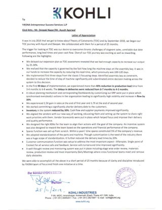 Kohli industries testimonial