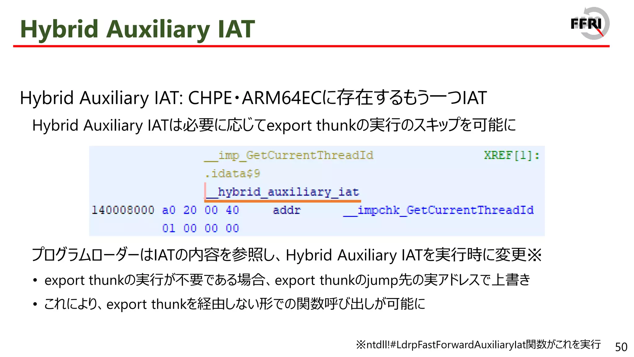 50
Hybrid Auxiliary IAT
Hybrid Auxiliary IAT: CHPE・ARM64ECに存在するもう一つIAT
Hybrid Auxiliary IATは必要に応じてexport thunkの実行のスキップを可能に
プログラムローダーはIATの内容を参照し、Hybrid Auxiliary IATを実行時に変更※
• export thunkの実行が不要である場合、export thunkのjump先の実アドレスで上書き
• これにより、export thunkを経由しない形での関数呼び出しが可能に
※ntdll!#LdrpFastForwardAuxiliaryIat関数がこれを実行
 