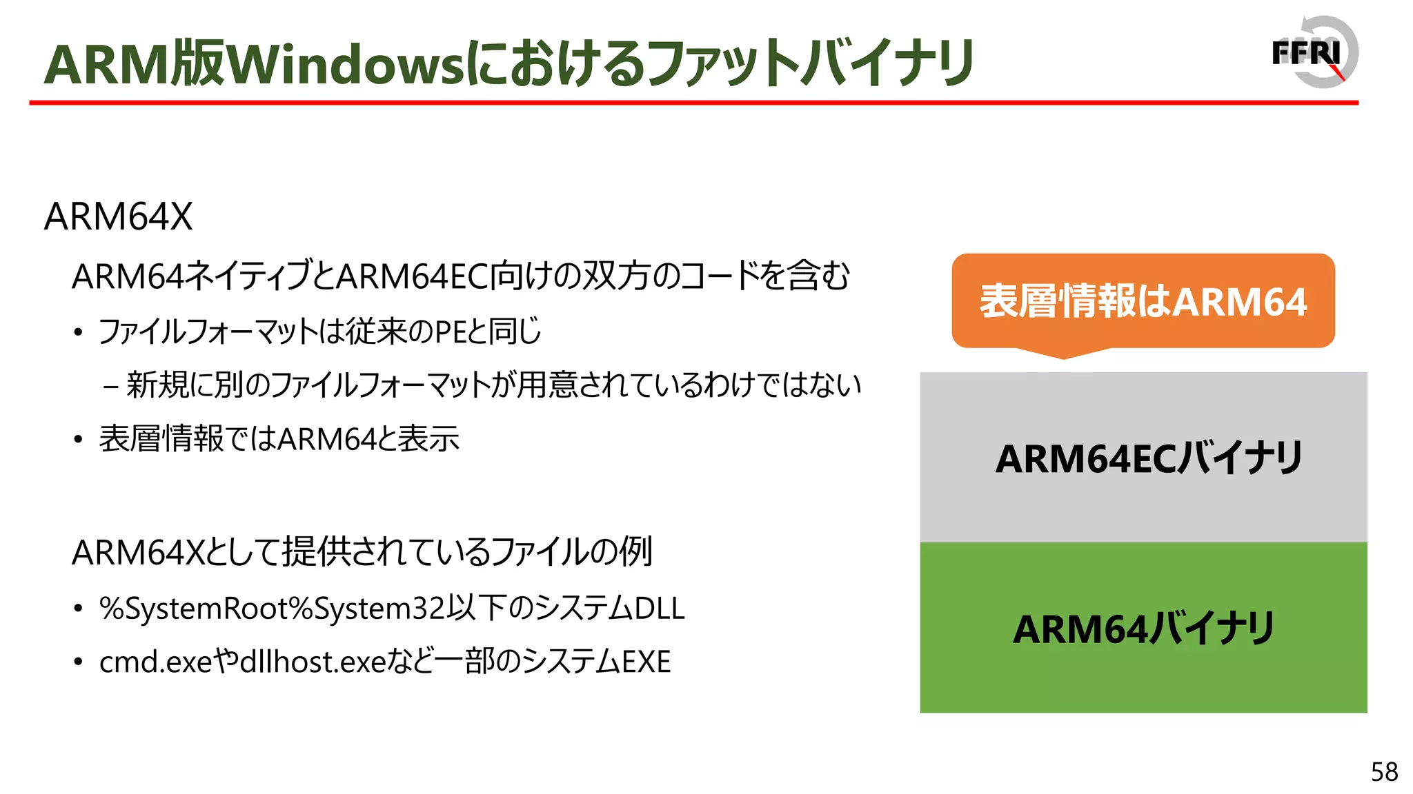 58
ARM版Windowsにおけるファットバイナリ
ARM64X
ARM64ネイティブとARM64EC向けの双方のコードを含む
• ファイルフォーマットは従来のPEと同じ
− 新規に別のファイルフォーマットが用意されているわけではない
• 表層情報ではARM64と表示
ARM64Xとして提供されているファイルの例
• %SystemRoot%System32以下のシステムDLL
• cmd.exeやdllhost.exeなど一部のシステムEXE
ARM64ECバイナリ
ARM64バイナリ
表層情報はARM64
 
