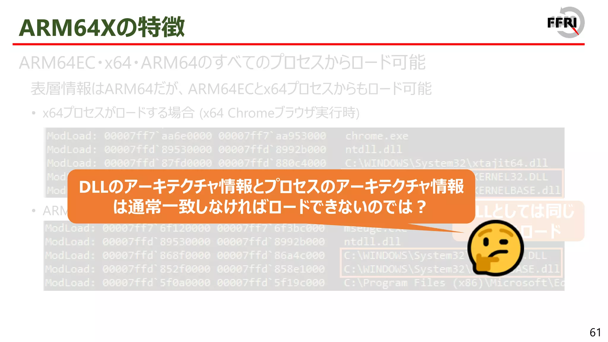 61
ARM64Xの特徴
ARM64EC・x64・ARM64のすべてのプロセスからロード可能
表層情報はARM64だが、ARM64ECとx64プロセスからもロード可能
• x64プロセスがロードする場合 (x64 Chromeブラウザ実行時)
• ARM64ネイティブプロセスがロードする場合 (ARM64 Edgeブラウザ実行時) DLLとしては同じ
ものをロード
DLLのアーキテクチャ情報とプロセスのアーキテクチャ情報
は通常一致しなければロードできないのでは？
 
