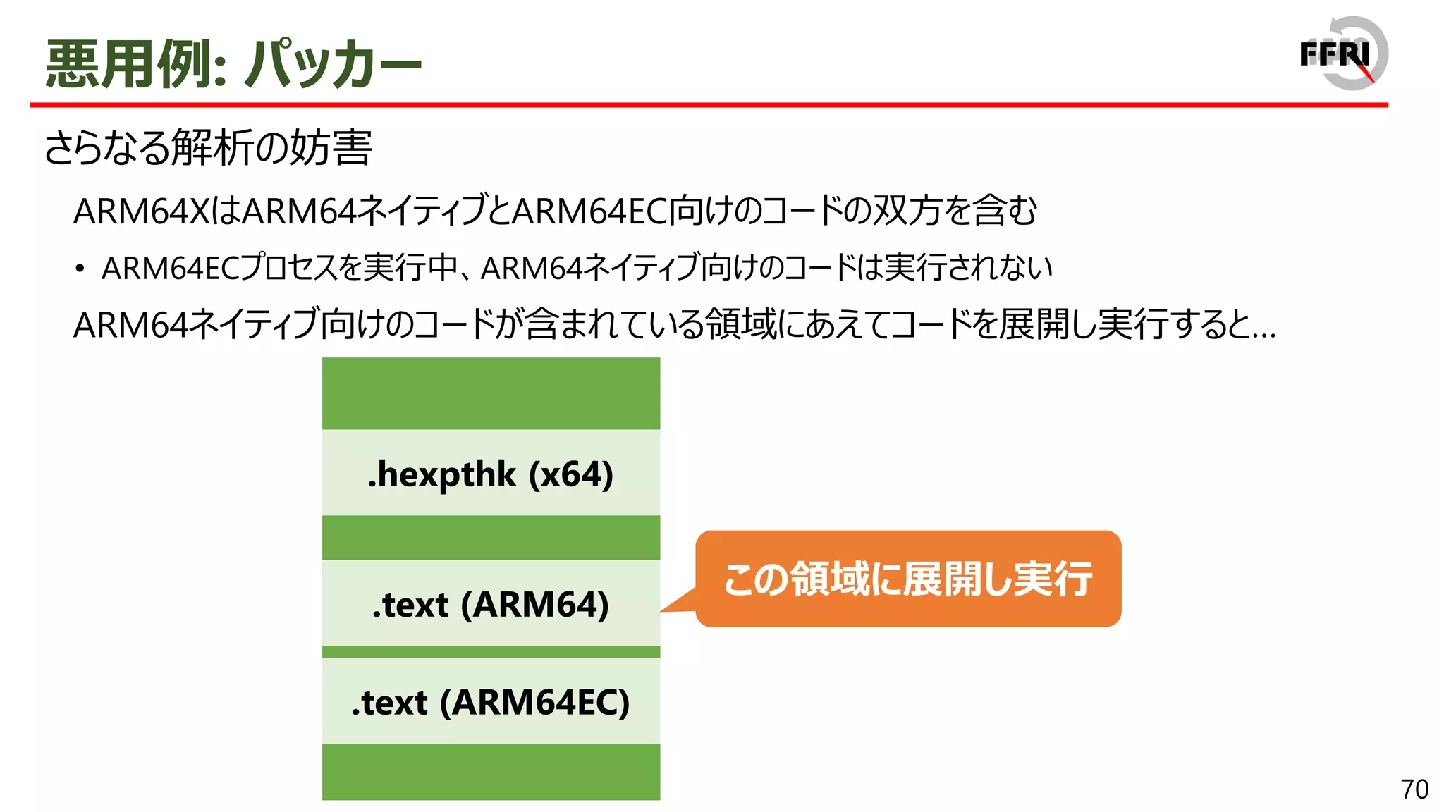 70
悪用例: パッカー
さらなる解析の妨害
ARM64XはARM64ネイティブとARM64EC向けのコードの双方を含む
• ARM64ECプロセスを実行中、ARM64ネイティブ向けのコードは実行されない
ARM64ネイティブ向けのコードが含まれている領域にあえてコードを展開し実行すると…
.text (ARM64)
.text (ARM64EC)
.hexpthk (x64)
この領域に展開し実行
 