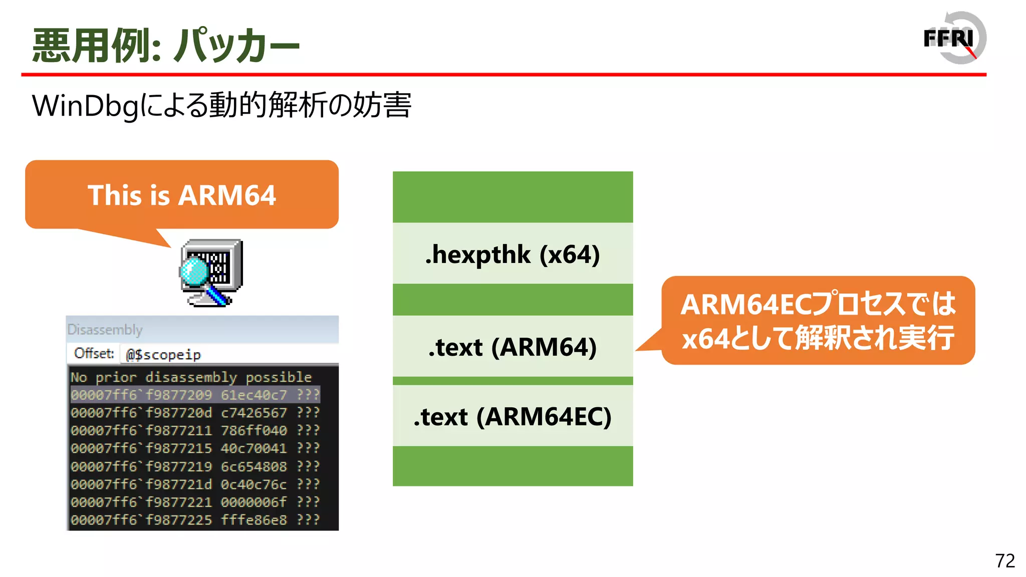 72
悪用例: パッカー
ARM64ECプロセスでは
x64として解釈され実行
This is ARM64
.text (ARM64)
.text (ARM64EC)
.hexpthk (x64)
WinDbgによる動的解析の妨害
 