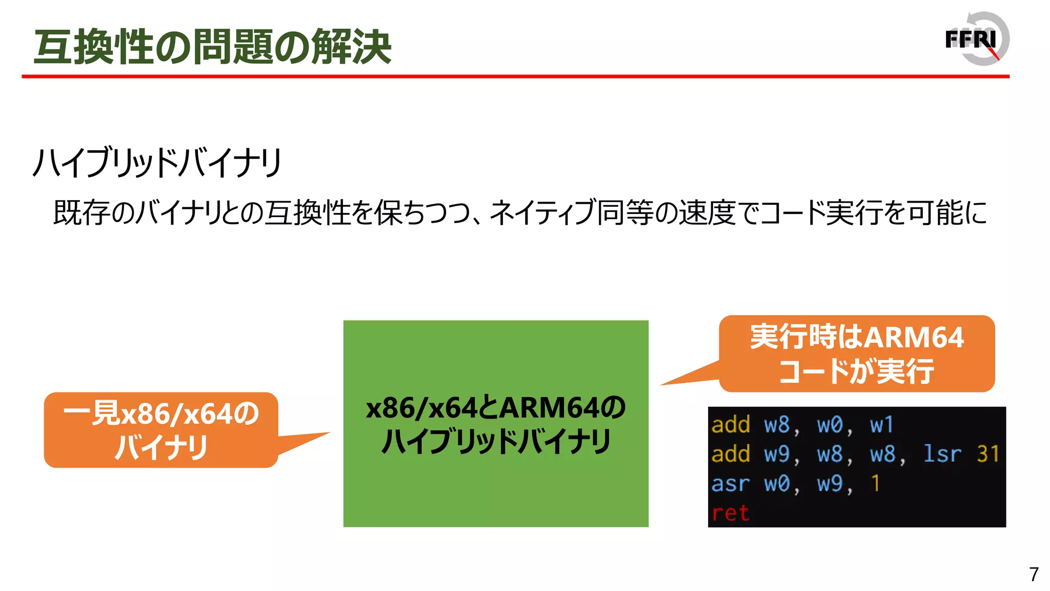 7
互換性の問題の解決
ハイブリッドバイナリ
既存のバイナリとの互換性を保ちつつ、ネイティブ同等の速度でコード実行を可能に
x86/x64とARM64の
ハイブリッドバイナリ
一見x86/x64の
バイナリ
実行時はARM64
コードが実行
 