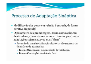 Processo de Adaptação Sináptica
Modificação dos pesos em relação à entrada, de forma
iterativa (repetida)
O parâmetro de aprendizagem, assim como a função
de vizinhança deve decrescer com o tempo, para que as
adaptações sejam cada vez mais “finas”
  Assumindo uma inicialização aleatória, são necessárias
  duas fases de adaptação:
    Fase de Ordenação : movimentação da vizinhança.
    Fase de Convergência : sintonia fina.
 