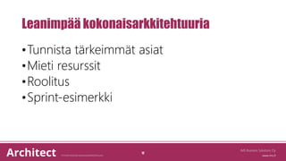 Leanimpää kokonaisarkkitehtuuria
IMS Business Solutions Oy
12
•Tunnista tärkeimmät asiat
•Mieti resurssit
•Roolitus
•Sprint-esimerkki
 