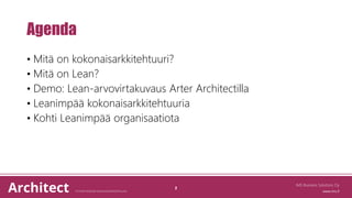 Agenda
• Mitä on kokonaisarkkitehtuuri?
• Mitä on Lean?
• Demo: Lean-arvovirtakuvaus Arter Architectilla
• Leanimpää kokonaisarkkitehtuuria
• Kohti Leanimpää organisaatiota
IMS Business Solutions Oy
2
 