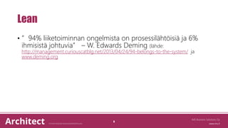 Lean
• ”94% liiketoiminnan ongelmista on prosessilähtöisiä ja 6%
ihmisistä johtuvia” – W. Edwards Deming (lähde:
http://management.curiouscatblg.net/2013/04/24/94-belongs-to-the-system/ ja
www.deming.org
IMS Business Solutions Oy
9
 