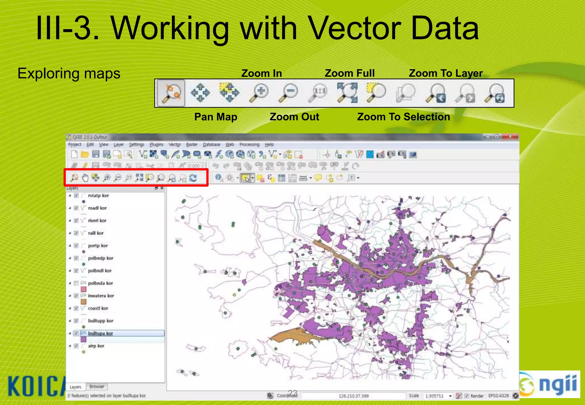 III-3. Working with Vector Data
Exploring maps

Zoom Full

Zoom In

Pan Map

Zoom Out

23

Zoom To Layer

Zoom To Selection

 