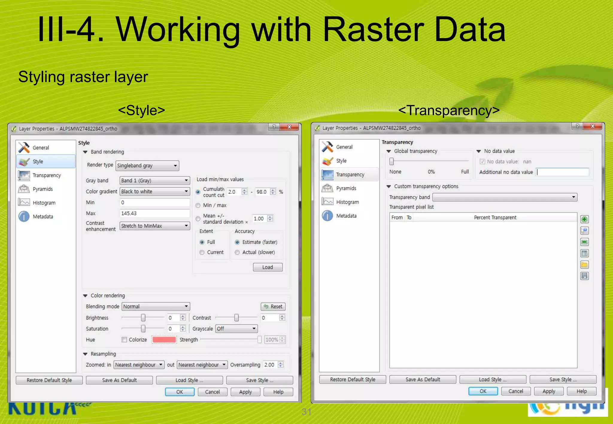 III-4. Working with Raster Data
Styling raster layer
<Style>

<Transparency>

31

 