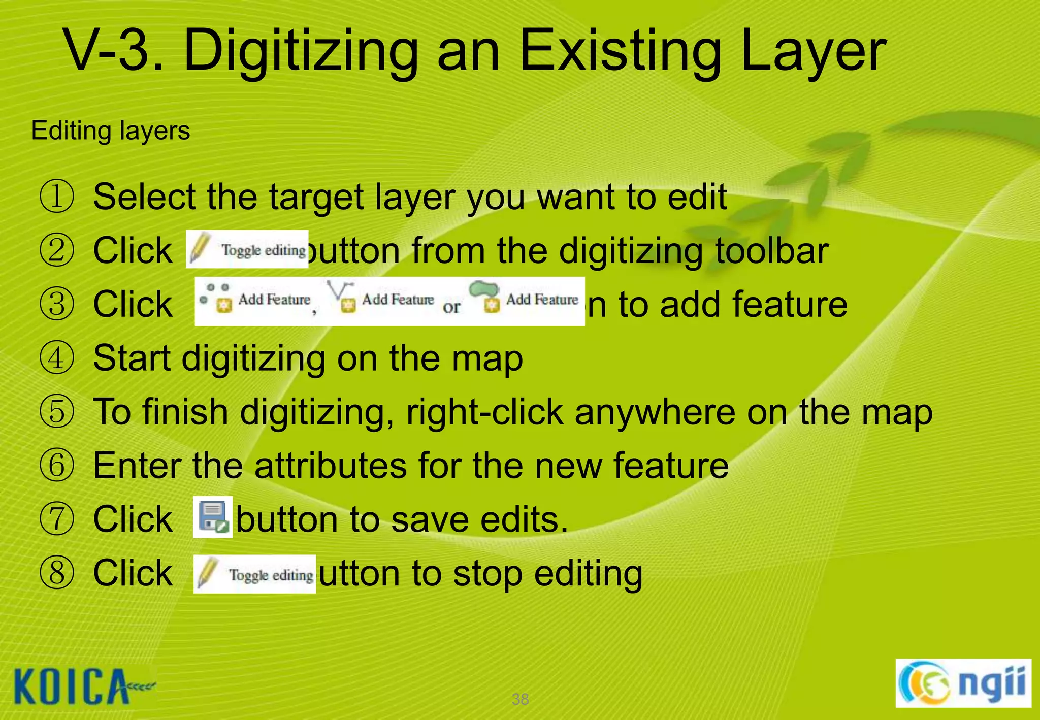 V-3. Digitizing an Existing Layer
Editing layers

①
②
③
④
⑤
⑥
⑦
⑧

Select the target layer you want to edit
Click
button from the digitizing toolbar
Click
button to add feature
Start digitizing on the map
To finish digitizing, right-click anywhere on the map
Enter the attributes for the new feature
Click
button to save edits.
Click
button to stop editing

38

 
