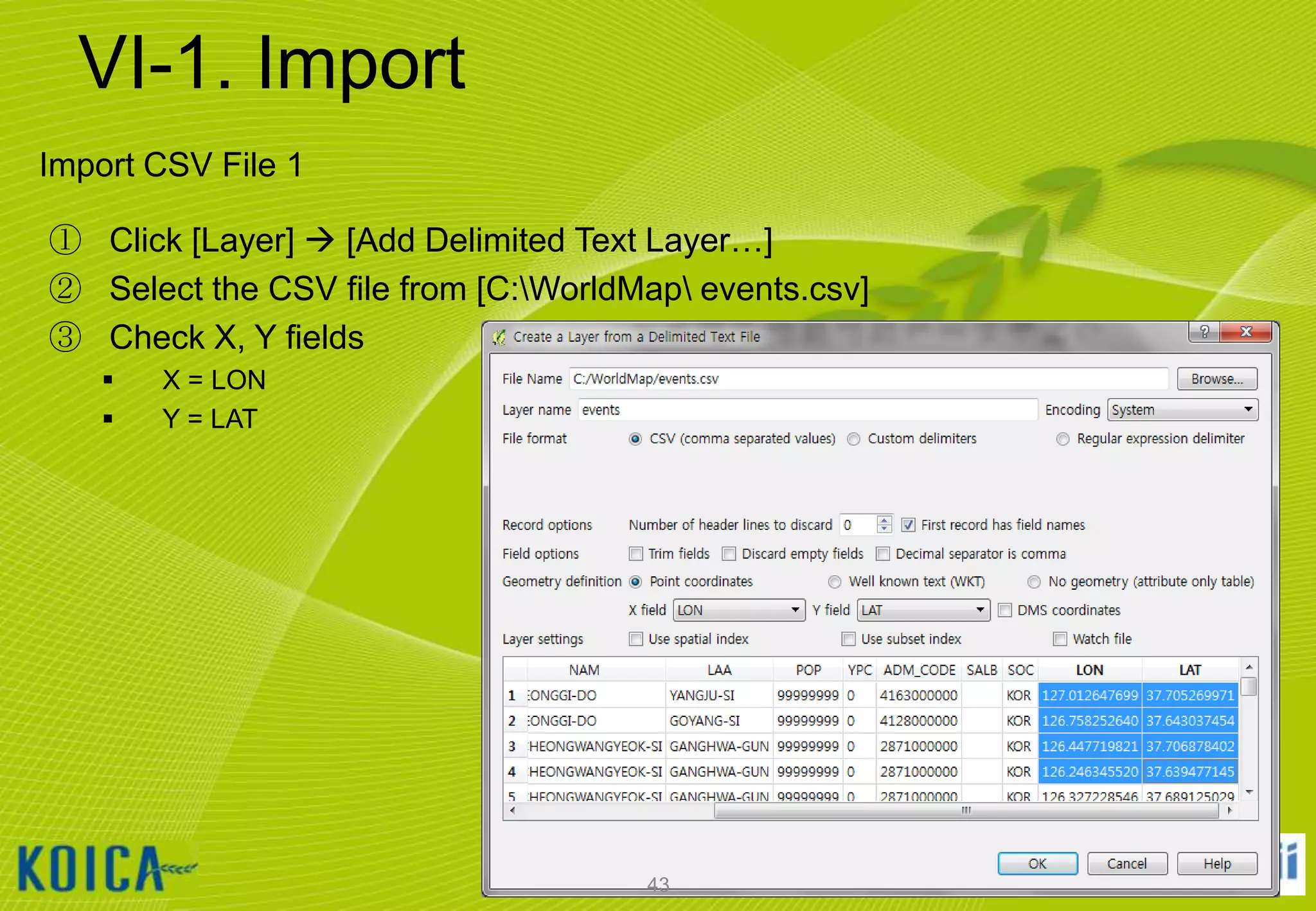 VI-1. Import
Import CSV File 1
① Click [Layer]  [Add Delimited Text Layer…]
② Select the CSV file from [C:WorldMap events.csv]
③ Check X, Y fields



X = LON
Y = LAT

43

 