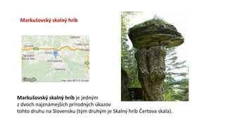 Markušovský skalný hríb
Markušovský skalný hríb je jedným
z dvoch najznámejších prírodných úkazov
tohto druhu na Slovensku (tým druhým je Skalný hríb Čertova skala).
 