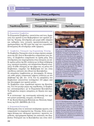 13     ∂Àƒø¶∞´∫∏ ∂¡ø™∏



                            µ·ÛÈÎ¤˜ ¤ÓÓÔÈÂ˜ Ì·ı‹Ì·ÙÔ˜
                                ∂˘Úˆ·˚Îﬁ ∫ÔÈÓÔ‚Ô‡ÏÈÔ


  ¡ÔÌÔıÂÙÈÎ‹ ∂ÍÔ˘Û›·           ŒÏÂÁ¯Ô˜ ¿ÏÏˆÓ ÔÚÁ¿ÓˆÓ                   ¶ÚÔ¸ÔÏÔÁÈÛÌﬁ˜


µ. ∂˘Úˆ·˚Îﬁ ™˘Ì‚Ô‡ÏÈÔ
∆Ô ∂˘Úˆ·˚Îﬁ ™˘Ì‚Ô‡ÏÈÔ ·ÔÙÂÏÂ›Ù·È ·ﬁ ÙÔ˘˜ ∞Ú¯Ë-
ÁÔ‡˜ ÙˆÓ ÎÚ·ÙÒÓ ‹ ÙˆÓ ∫˘‚ÂÚÓ‹ÛÂˆÓ ÙˆÓ ÎÚ·ÙÒÓ ÌÂ-
ÏÒÓ ÙË˜ ŒÓˆÛË˜. ™˘ÓÂ‰ÚÈ¿˙ÂÈ Ì›· ÊÔÚ¿ Î¿ıÂ ÂÍ¿ÌËÓÔ
Î·È Î·ıÔÚ›˙ÂÈ ÙÔ˘˜ ÁÂÓÈÎÔ‡˜ ÚÔÛ·Ó·ÙÔÏÈÛÌÔ‡˜ Î·È
ÚÔÙÂÚ·ÈﬁÙËÙÂ˜ ÙË˜ ∂∂ (·ﬁ ÙËÓ ÈÛ¯‡ ÙÔ˘ Â˘Úˆ·˚ÎÔ‡
™˘ÓÙ¿ÁÌ·ÙÔ˜ ı· Û˘ÓÂ‰ÚÈ¿˙ÂÈ Î¿ıÂ ÙÚ›ÌËÓÔ).
                                                        ÊˆÙ. 13.10 ∏ ™˘ÓÂ‰Ú›·ÛË ÙÔ˘ ∂˘Úˆ·˚ÎÔ‡
°. ™˘Ì‚Ô‡ÏÈÔ ÀÔ˘ÚÁÒÓ ÙË˜ ∂˘Úˆ·˚Î‹˜ ŒÓˆÛË˜             ™˘Ì‚Ô˘Ï›Ô˘ ÙÔ 2003 ÛÙË £ÂÛÛ·ÏÔÓ›ÎË. ∆Ô
∆Ô ™˘Ì‚Ô‡ÏÈÔ ÀÔ˘ÚÁÒÓ Â›Ó·È ÙÔ Î‡ÚÈÔ ﬁÚÁ·ÓÔ ·ÔÊ¿-      ™˘Ì‚Ô‡ÏÈÔ ÀÔ˘ÚÁÒÓ ÙË˜ ∂∂ ‰ÂÓ Ú¤ÂÈ Ó·
                                                        Û˘Á¯¤ÂÙ·È ÌÂ ÙÔ ∂˘Úˆ·˚Îﬁ ™˘Ì‚Ô‡ÏÈÔ, ÙÔ
ÛÂˆÓ ÙË˜ ∂∂. ∂ÓÒ ÙÔ ∫ÔÈÓÔ‚Ô‡ÏÈÔ ÂÎÚÔÛˆÂ› ÙÔ˘˜ Ô-     ÔÔ›Ô ·ÔÙÂÏÂ›Ù·È ·ﬁ ﬁÏÔ˘˜ ÙÔ˘˜ ·Ú¯ËÁÔ‡˜
Ï›ÙÂ˜, ÙÔ ™˘Ì‚Ô‡ÏÈÔ ÂÎÚÔÛˆÂ› Ù· ÎÚ¿ÙË Ì¤ÏË. ™ÙÈ˜      ÙˆÓ ÎÚ·ÙÒÓ ÌÂÏÒÓ. ∆Ô ∂˘Úˆ·˚Îﬁ ™˘Ì‚Ô‡ÏÈÔ
Û˘ÓÂ‰ÚÈ¿ÛÂÈ˜ ÙÔ˘ ·ÚÂ˘Ú›ÛÎÂÙ·È ¤Ó·˜ ˘Ô˘ÚÁﬁ˜ ÁÈ· Î¿-    Î·ıÔÚ›˙ÂÈ ÙÔ˘˜ ÁÂÓÈÎ¤˜ ÔÏÈÙÈÎ¤˜ ÙË˜ ∂.∂., ÌÂ
                                                        ÙÈ˜ ÔÔ›Â˜ Ù· ıÂÛÌÈÎ¿ ﬁÚÁ·Ó· ( ∫ÔÈÓÔ‚Ô‡ÏÈÔ,
ıÂ ÎÚ¿ÙÔ˜ Ì¤ÏÔ˜ ÙË˜ ∂∂, ·Ó¿ÏÔÁ· ÌÂ ÙÔ ı¤Ì· Û˘˙‹ÙËÛË˜    ™˘Ì‚Ô‡ÏÈÔ ÀÔ˘ÚÁÒÓ Î·È ∂ÈÙÚÔ‹) ‰È·ÌÔÚ-
(.¯. ˘Ô˘ÚÁÔ› ÂÚÁ·Û›·˜, Â¿Ó Û˘˙ËÙÔ‡ÓÙ·È ı¤Ì·Ù· ·ÓÂÚ-   ÊÒÓÔ˘Ó ÙË ÓÔÌÔıÂÛ›·. ™˘ÓÂ‰ÚÈ¿˙ÂÈ Î¿ıÂ ÂÍ¿-
Á›·˜). √ Î¿ıÂ ˘Ô˘ÚÁﬁ˜ ÌÂ ÙËÓ „‹ÊÔ ÙÔ˘, ˆ˜ Ì¤ÏÔ˜ ÙÔ˘    ÌËÓÔ ÛÙË ¯ÒÚ· Ô˘ ÚÔÂ‰ÚÂ‡ÂÈ. (∆Ô 2006 Ë
                                                        ∞˘ÛÙÚ›· Î·È ºÈÓÏ·Ó‰›· ·ÓÙ›ÛÙÔÈ¯·).
™˘Ì‚Ô˘Ï›Ô˘, ÂÎÊÚ¿˙ÂÈ ÙËÓ ∫˘‚¤ÚÓËÛ‹ ÙÔ˘ Î·È Â›Ó·È        ✍ ªÔÚÂ›ÙÂ Ó· ·ÓÙÏ‹ÛÂÙÂ ÏËÚÔÊÔÚ›Â˜ Î·È
˘Â‡ı˘ÓÔ˜ ·¤Ó·ÓÙÈ ÛÙÔ ÂıÓÈÎﬁ ÙÔ˘ ∫ÔÈÓÔ‚Ô‡ÏÈÔ.          ˘ÏÈÎﬁ ÁÈ· ÙÔ ∂˘Úˆ·˚Îﬁ ™˘Ì‚Ô‡ÏÈÔ Î·È ÙÔ
√È ·ÔÊ¿ÛÂÈ˜ Ï·Ì‚¿ÓÔÓÙ·È ÌÂ ÏÂÈÔ„ËÊ›·. √ ˘Ô˘Ú-        ™˘Ì‚Ô‡ÏÈÔ ÀÔ˘ÚÁÒÓ ·ﬁ ÙÔ ‰È·‰›ÎÙ˘Ô
                                                        (www.ee.gr ·ﬁ ÙÔ Û‡Ó‰ÂÛÌÔ «ﬁÚÁ·Ó·») Î·È
Áﬁ˜ Î¿ıÂ ¯ÒÚ·˜ ÂÎÚÔÛˆÂ› „‹ÊÔ˘˜ ·Ó¿ÏÔÁÂ˜ ÌÂ ÙÔÓ        Ó· Ù· ·ÚÔ˘ÛÈ¿ÛÂÙÂ ÛÙËÓ Ù¿ÍË.
ÏËı˘ÛÌﬁ ÙË˜ (‚Ï. ÈÓ. 13.3). °È· ÙÈ˜ ·ÔÊ¿ÛÂÈ˜ ÙÔ˘
™˘Ì‚Ô˘Ï›Ô˘ ··ÈÙÔ‡ÓÙ·È ÙÔ˘Ï¿¯ÈÛÙÔÓ 232 „‹ÊÔÈ ·ﬁ
ÙËÓ ÏÂÈÔ„ËÊ›· ÙˆÓ ÎÚ·ÙÒÓ ÌÂÏÒÓ.
∆Ô ™˘Ì‚Ô‡ÏÈÔ Â›Ó·È ÓÔÌÔıÂÙÈÎﬁ ﬁÚÁ·ÓÔ ÙË˜ ∫ÔÈÓﬁÙË-
Ù·˜. °È· ¤Ó· ÌÂÁ¿ÏÔ Ì¤ÚÔ˜ ÙË˜ ÓÔÌÔıÂÛ›·˜, ÙÔ ™˘Ì‚Ô‡-
ÏÈÔ «Û˘Ó·ÔÊ·Û›˙ÂÈ» ÌÂ ÙÔ ∂˘Úˆ·˚Îﬁ ∫ÔÈÓÔ‚Ô‡ÏÈÔ.
∆Ô ™˘Ì‚Ô‡ÏÈÔ ·›ÚÓÂÈ ·ÔÊ¿ÛÂÈ˜ ÛÂ ı¤Ì·Ù· Ô˘ ·ÊÔ-
ÚÔ‡Ó:
ñ ÙÔ Û˘ÓÙÔÓÈÛÌﬁ ÙË˜ ÔÈÎÔÓÔÌÈÎ‹˜ ÔÏÈÙÈÎ‹˜ ÙˆÓ ÎÚ·-
ÙÒÓ ÌÂÏÒÓ (·Ó¿Ù˘ÍË, ·ÓÂÚÁ›·, ÂÂÓ‰‡ÛÂÈ˜),
ñ ÙËÓ ∫ÔÈÓ‹ ∂ÍˆÙÂÚÈÎ‹ ¶ÔÏÈÙÈÎ‹ Î·È ¶ÔÏÈÙÈÎ‹ ∞ÛÊ¿-
ÏÂÈ·˜ ÙË˜ ∂.∂. (∫∂¶¶∞, ‚Ï.13.3).                        ÊˆÙ.13.11 ™˘ÓÂ‰Ú›·ÛË ÙË˜ ∂ÈÙÚÔ‹˜ 2000. §¤-
                                                        ÁÂÙ·È Û˘¯Ó¿ ﬁÙÈ ÔÈ ·ÔÊ¿ÛÂÈ˜ ÙË˜ ∂.∂. Ï·Ì‚¿-
                                                        ÓÔÓÙ·È ·ﬁ ﬁÚÁ·Ó· Ô˘ Â›Ó·È ·ÔÌ·ÎÚ˘ÛÌ¤Ó·
¢. ∂˘Úˆ·˚Î‹ ∂ÈÙÚÔ‹                                   ·ﬁ ÙÔ˘˜ ·ÏÔ‡˜ ÔÏ›ÙÂ˜, ÔÈ ÔÔ›ÔÈ Î·È ‰‡ÛÎÔÏ·
∏ ∂ÈÙÚÔ‹ Â›Ó·È ÙÔ ÔÏÈÙÈÎ¿ ·ÓÂÍ¿ÚÙËÙÔ ﬁÚÁ·ÓÔ, Ô˘     ÂÓËÌÂÚÒÓÔÓÙ·È ÁÈ’ ·˘Ù¤˜. ∞˘Ùﬁ ·ÔÙÂÏÂ› ‰ËÌÔ-
                                                        ÎÚ·ÙÈÎﬁ ¤ÏÏÂÈÌÌ·, ‰ËÏ·‰‹ ¤ÏÏÂÈ„Ë ‰ËÌÔÎÚ·ÙÈ-
ÂÎÚÔÛˆÂ› Ù· Û˘ÌÊ¤ÚÔÓÙ· ÙË˜ ŒÓˆÛË˜. ∂›Ó·È Ë ÎÈÓË-      ÎﬁÙËÙ·˜. °È· ÙË ÌÂ›ˆÛË ·˘ÙÔ‡ ÙÔ˘ Ê·ÈÓÔÌ¤ÓÔ˘,
Ù‹ÚÈ· ‰‡Ó·ÌË ÙÔ˘ «ıÂÛÌÈÎÔ‡ ÙÚÈÁÒÓÔ˘»: ÚÔÙÂ›ÓÂÈ ÓÔ-     Ë ∂∂ ‚ÂÏÙÈÒÓÂÈ ÙËÓ ÂÓËÌ¤ÚˆÛË ÙˆÓ ÔÏÈÙÒÓ Ì¤-
ÌÔıÂÛ›·, ÚÔÁÚ¿ÌÌ·Ù· ‰Ú¿ÛË˜ Î·È ÔÏÈÙÈÎ¤˜ ÛÙÔ ™˘Ì-      Ûˆ ÙÔ˘ ‰È·‰ÈÎÙ‡Ô˘, ·ÏÔÔÈÂ› ÙË ÓÔÌÔıÂÛ›· Î·È
                                                        ÂÓÈÛ¯‡ÂÈ ÙËÓ ÎÔÈÓˆÓ›· ÔÏÈÙÒÓ.
‚Ô‡ÏÈÔ ÀÔ˘ÚÁÒÓ Î·È ÙÔ ∫ÔÈÓÔ‚Ô‡ÏÈÔ Î·È Â›Ó·È ˘Â‡-
126
 