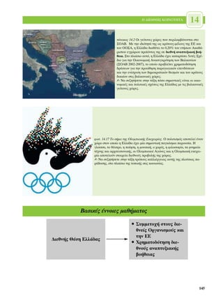 ∏ ¢π∂£¡∏™ ∫√π¡√∆∏∆∞              14

                               ›Ó·Î·˜ 14.2 √È ÁÂ›ÙÔÓÂ˜ ¯ÒÚÂ˜ Ô˘ ÂÚÈÏ·Ì‚¿ÓÔÓÙ·È ÛÙÔ
                               ™√∞µ. ªÂ ÙËÓ È‰ÈﬁÙËÙ¿ ÙË˜ ˆ˜ ÎÚ¿ÙÔ˘˜-Ì¤ÏÔ˘˜ ÙË˜ ∂∂ Î·È
                               ÙÔ˘ √√™∞, Ë ∂ÏÏ¿‰· ‰È·ı¤ÙÂÈ ÙÔ 0,20% ÙÔ˘ ÂÙ‹ÛÈÔ˘ ∞Î·ı¿-
                               ÚÈÛÙÔ˘ ÂÁ¯ÒÚÈÔ˘ ÚÔ˚ﬁÓÙÔ˜ ÙË˜ ÛÂ ‰ÈÂıÓ‹ ·Ó·Ù˘ÍÈ·Î‹ ‚Ô‹-
                               ıÂÈ·. ™ÙÔ Ï·›ÛÈÔ ·˘Ùﬁ, Ë ∂ÏÏ¿‰· ¤¯ÂÈ Î·Ù·ÚÙ›ÛÂÈ 5ÂÙ¤˜ ™¯¤-
                               ‰ÈÔ ÁÈ· ÙËÓ √ÈÎÔÓÔÌÈÎ‹ ∞Ó·Û˘ÁÎÚﬁÙËÛË ÙˆÓ µ·ÏÎ·Ó›ˆÓ
                               (™√∞µ 2002-2007), ÙÔ ÔÔ›Ô ÚÔ‚Ï¤ÂÈ ¯ÚËÌ·ÙÔ‰ﬁÙËÛË
                               ‰Ú¿ÛÂˆÓ ÁÈ· ÙËÓ ÚÔÒıËÛË ·Ú·ÁˆÁÈÎÒÓ ÂÂÓ‰‡ÛÂˆÓ
                               Î·È ÙËÓ ÂÓ›Û¯˘ÛË ÙˆÓ ‰ËÌÔÎÚ·ÙÈÎÒÓ ıÂÛÌÒÓ Î·È ÙÔ˘ ÎÚ¿ÙÔ˘˜
                               ‰ÈÎ·›Ô˘ ÛÙÈ˜ ‚·ÏÎ·ÓÈÎ¤˜ ¯ÒÚÂ˜.
                               ✍ ¡· Û˘˙ËÙ‹ÛÂÙÂ ÛÙËÓ Ù¿ÍË ﬁÛÔ ÛËÌ·ÓÙÈÎ¤˜ Â›Ó·È ÔÈ ÔÈÎÔ-
                               ÓÔÌÈÎ¤˜ Î·È ÔÏÈÙÈÎ¤˜ Û¯¤ÛÂÈ˜ ÙË˜ ∂ÏÏ¿‰·˜ ÌÂ ÙÈ˜ ‚·ÏÎ·ÓÈÎ¤˜
                               ÁÂ›ÙÔÓÂ˜ ¯ÒÚÂ˜.




                 ÊˆÙ. 14.17 ∆Ô Û‹Ì· ÙË˜ √Ï˘ÌÈ·Î‹˜ ∂ÎÂ¯ÂÈÚ›·˜. √ ÔÏÈÙÈÛÌﬁ˜ ·ÔÙÂÏÂ› ¤Ó·Ó
                 ¯ÒÚÔ ÛÙÔÓ ÔÔ›Ô Ë ∂ÏÏ¿‰· ¤¯ÂÈ Ì›· ÛËÌ·ÓÙÈÎ‹ ·ÁÎﬁÛÌÈ· ·ÚÔ˘Û›·. ∏
                 ÁÏÒÛÛ·, ÙÔ ı¤·ÙÚÔ, Ë Ô›ËÛË, Ë ÌÔ˘ÛÈÎ‹, Ô ¯ÔÚﬁ˜, Ë ÊÈÏÔÛÔÊ›·, Ù· ÌÓËÌÂ›·
                 Ù¤¯ÓË˜ Î·È ·Ú¯ÈÙÂÎÙÔÓÈÎ‹˜, ÔÈ √Ï˘ÌÈ·ÎÔ› ∞ÁÒÓÂ˜ Î·È Ë √Ï˘ÌÈ·Î‹ ÂÎÂ¯ÂÈ-
                 Ú›· ·ÔÙÂÏÔ‡Ó ÛÙÔÈ¯Â›· ‰ÈÂıÓÔ‡˜ ÚÔ‚ÔÏ‹˜ ÙË˜ ¯ÒÚ·˜.
                 ✍ ¡· Û˘˙ËÙ‹ÛÂÙÂ ÛÙËÓ Ù¿ÍË ÙÚﬁÔ˘˜ Î·ÏÏÈ¤ÚÁÂÈ·˜ ·˘Ù‹˜ ÙË˜ ÏÔ‡ÛÈ·˜ ·-
                 Ú¿‰ÔÛË˜, ÛÙÔ Ï·›ÛÈÔ ÙË˜ ÙÔÈÎ‹˜ Û·˜ ÎÔÈÓˆÓ›·˜.




           µ·ÛÈÎ¤˜ ¤ÓÓÔÈÂ˜ Ì·ı‹Ì·ÙÔ˜

                                         ñ ™˘ÌÌÂÙÔ¯‹ ÛÙÔ˘˜ ‰ÈÂ-
                                           ıÓÂ›˜ √ÚÁ·ÓÈÛÌÔ‡˜ Î·È
                                           ÙËÓ ∂∂
¢ÈÂıÓ‹˜ £¤ÛË ∂ÏÏ¿‰·˜
                                         ñ ÃÚËÌ·ÙÔ‰ﬁÙËÛË ‰ÈÂ-
                                           ıÓÔ‡˜ ·Ó·Ù˘ÍÈ·Î‹˜
                                           ‚Ô‹ıÂÈ·˜




                                                                                       145
 