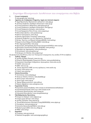 ∂Àƒ∂∆∏ƒπ√ ∏§∂∫∆ƒ√¡π∫ø¡ ¢π∂À£À¡™∂ø¡


     ∂˘ÚÂÙ‹ÚÈÔ ∏ÏÂÎÙÚÔÓÈÎÒÓ ¢ÈÂ˘ı‡ÓÛÂˆÓ Ô˘ ·Ó·Ê¤ÚÔÓÙ·È ÛÙÔ µÈ‚Ï›Ô
1.      °ÂÓÈÎÔ› ∞Ó·˙ËÙËÙ¤˜
        ñ www.google.com, www.in.gr
2.      ¢ËÌﬁÛÈÂ˜ Î·È ∞ÓÂÍ¿ÚÙËÙÂ˜ ÀËÚÂÛ›Â˜, ∞Ú¯¤˜ Î·È ÔÏÈÙÈÎ¿ ÎﬁÌÌ·Ù·
        ñ ∞Ú¯‹ ¶ÚÔÛÙ·Û›·˜ ¶ÚÔÛˆÈÎÒÓ ¢Â‰ÔÌ¤ÓˆÓ: www.dpa.gr
        ñ ∞ÓÒÙ·ÙÔ ™˘Ì‚Ô‡ÏÈÔ ∞ﬁ‰ËÌÔ˘ ∂ÏÏËÓÈÛÌÔ‡: www.sae.gr
        ñ °ÂÓÈÎ‹ °Ú·ÌÌ·ÙÂ›· ∞ıÏËÙÈÛÌÔ‡: www.sports.gov.gr
        ñ °ÂÓÈÎ‹ °Ú·ÌÌ·ÙÂ›· ∞ﬁ‰ËÌÔ˘ ∂ÏÏËÓÈÛÌÔ‡: www.ggae.gr
        ñ °ÂÓÈÎ‹ °Ú·ÌÌ·ÙÂ›· πÛﬁÙËÙ·˜: www.isotita.gr
        ñ °ÂÓÈÎ‹ °Ú·ÌÌ·ÙÂ›· ¡¤·˜ °ÂÓÈ¿˜: www.neagenia.gr
        ñ ∂ıÓÈÎﬁ ∫ÔÈÓÔ‚Ô‡ÏÈÔ: www.parliament.gr
        ñ ∂ıÓÈÎﬁ ∆˘ÔÁÚ·ÊÂ›Ô: www.etk.gr
        ñ ∂ıÓÈÎﬁ˜ √ÚÁ·ÓÈÛÌﬁ˜ ∆Ô˘ÚÈÛÌÔ‡: www.not.gr
        ñ ∂ÏÏËÓÈÎﬁ ™˘Ì‚Ô‡ÏÈÔ ÁÈ· ÙÔ˘˜ ¶ÚﬁÛÊ˘ÁÂ˜: www.gcr.gr
        ñ ∫¤ÓÙÚÔ ŒÚÂ˘Ó·˜ ÁÈ· £¤Ì·Ù· πÛﬁÙËÙ·˜(∫∂£π): www.kethi.gr
        ñ ∫ÔÌÌÔ˘ÓÈÛÙÈÎﬁ ∫ﬁÌÌ· ∂ÏÏ¿‰·˜(∫∫∂): www.kke.gr
        ñ ¡¤· ¢ËÌÔÎÚ·Ù›·(¡¢): www.nd.gr
        ñ √ÚÁ·ÓÈÛÌﬁ˜ ∞·Û¯ﬁÏËÛË˜ ∂ÚÁ·ÙÈÎÔ‡ ¢˘Ó·ÌÈÎÔ‡(√∞∂¢): www.oaed.gr
        ñ ¶·ÓÂÏÏ‹ÓÈÔ ™ÔÛÈ·ÏÈÛÙÈÎﬁ ∫›ÓËÌ· (¶∞™√∫): www.pasok.gr
        ñ ¶ÚÔÂ‰Ú›· ÙË˜ ¢ËÌÔÎÚ·Ù›·˜: www.presidency.gr
        ñ ™˘Ó·ÛÈÛÌﬁ˜: www.synaspismos.gr
        ñ ™˘Ó‹ÁÔÚÔ˜ ÙÔ˘ ¶ÔÏ›ÙË: www.synigoros.gr
√È ËÏÂÎÙÚÔÓÈÎ¤˜ ‰ÈÂ˘ı‡ÓÛÂÈ˜ ﬁÏˆÓ ÙˆÓ ÀÔ˘ÚÁÂ›ˆÓ ·Ó·Ê¤ÚÔÓÙ·È ÛÙÈ˜ ÛÂÏ›‰Â˜ 93-94 ÙÔ˘ ‚È‚Ï›Ô˘.
3.      ¢ÈÂıÓÂ›˜ £ÂÛÌÔ›
        ñ ¢ÈÂıÓ‹˜ ∂Ú˘ıÚﬁ˜ ™Ù·˘Úﬁ˜: www.icrc.org
        ñ ∂ÏÏËÓÈÎﬁ ¶·Ú·ÙËÚËÙ‹ÚÈÔ ™˘ÌÊˆÓÈÒÓ ∂ÏÛ›ÓÎÈ: www.greekhelsinki.gr
        ñ E˘Úˆ·˚Îﬁ ¢ÈÎ·ÛÙ‹ÚÈÔ ∞ÓıÚˆ›ÓˆÓ ¢ÈÎ·ÈˆÌ¿ÙˆÓ: www.echr.coe.int
        ñ ¡∞∆√: www.nato.int
        ñ √∏∂: www.un.org
        ñ ⁄·ÙË ∞ÚÌÔÛÙÂ›· √∏∂ ÁÈ· ÙÔ˘˜ ÚﬁÛÊ˘ÁÂ˜: www.unchr.org
        ñ Unesco: www.unesco.org
        ñ Unicef: www.unicef.gr
4.      ∂È‰ÈÎ¤˜ πÛÙÔÛÂÏ›‰Â˜
        ñ ∞ÓÙÈÓÙﬁÈÁÎ: www.nodoping.gr
        ñ ÕÙÔÌ· ÌÂ ∂È‰ÈÎ¤˜ ∞Ó¿ÁÎÂ˜: www.disability.gr
        ñ ∞ÙÙÈÎﬁ ÌÂÙÚﬁ: www.metro.gr
        ñ ∞ÙÙÈÎﬁ ÙÚ·Ì: www.tram.gr
        ñ ÿ‰Ú˘Ì· ª·Ú·ÁÎÔÔ‡ÏÔ˘: www.mfhr.gr
        ñ ¡ﬁÌÂÏ (µÚ·‚Â›·): www.nobelprizes.com
5.      ∂˘Úˆ·˚Î‹ ŒÓˆÛË
        ñ ∂˘Úˆ·›Ô˜ ¢È·ÌÂÛÔÏ·‚ËÙ‹˜: www.europa.eu.int/institutions/ombudsman/
        ñ ∂˘Úˆ·˚Î‹ ∂ÈÙÚÔ‹: www.ee.gr, www.europa.eu.int
        ñ ∂˘Úˆ·›Ô˜ ∫·Ù·Ó·ÏˆÙ‹˜: www.yomag.net
        ñ ∂˘Úˆ·˚Îﬁ ∫ÔÈÓÔ‚Ô‡ÏÈÔ: www.europarliament.gr
6.      ªË ∫˘‚ÂÚÓËÙÈÎ¤˜ √ÚÁ·ÓÒÛÂÈ˜
        ñ °È·ÙÚÔ› ÙÔ˘ ∫ﬁÛÌÔ˘: www.mdgreece.gr
        ñ °È·ÙÚÔ› ¯ˆÚ›˜ ™‡ÓÔÚ·: www.msf.gr
        ñ ¢ÈÂıÓ‹˜ ∞ÌÓËÛÙ›·: www.amnesty.gr
        ñ ŒÓˆÛË ∫·Ù·Ó·ÏˆÙÒÓ ¶ÔÈﬁÙËÙ·˜ ∑ˆ‹˜(∂∫¶Oπ∑ø): www.ekpizo.gr
        ñ Greenpeace: www.greenpeace.gr
        ñ πÓÛÙÈÙÔ‡ÙÔ ∫·Ù·Ó·ÏˆÙ‹(π¡∫∞): www.inka.gr
        ñ ¶·È‰ÈÎ¿ ¯ˆÚÈ¿ ™√™: www.sos_village.gr
        ñ WWF: www.wwf.gr
7.      ¶ÂÚÈÔ‰ÈÎ¿
        ñ °·ÈﬁÚ·Ì·: www.georama.gr
        ñ National Geographic: www.nationalgeographic.gr
                                                                                              151
 
