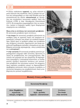 3      ∫√π¡ø¡π∫∏ √ƒ°∞¡ø™∏ ∫∞π ∫√π¡ø¡π∫∏ ª∂∆∞µ√§∏


ñ ¿ÏÏÔÙÂ ÂÈ‰ÈÒÎÂÙ·È ÂÈÚËÓÈÎ¿, .¯. Ì¤Ûˆ ÂÎÏÔÁÒÓ ‹
Ì¤Ûˆ ·ÏÏ·ÁÒÓ ÛÙË ÓÔÌÔıÂÛ›·, ﬁˆ˜ Ë ÈÛﬁÙËÙ· ÙˆÓ Ê‡-
ÏˆÓ Ô˘ Î·ÙÔ¯˘ÚÒıËÎÂ ÌÂ ÓﬁÌÔ ÛÙËÓ ∂ÏÏ¿‰· ÌÂÙ¿ ÙËÓ
ÌÂÙ·ÔÏ›ÙÂ˘ÛË Î·È ¿ÏÏÔÙÂ Â·Ó·ÛÙ·ÙÈÎ¿, ÌÂ ÂÍÂÁ¤Ú-
ÛÂÈ˜ Î·È Û˘ÁÎÚÔ‡ÛÂÈ˜ ÎÔÈÓˆÓÈÎÒÓ ÔÌ¿‰ˆÓ, ﬁˆ˜ ÛÙË
°·ÏÏÈÎ‹ (1789) ‹ ÛÙËÓ √ÎÙˆ‚ÚÈ·Ó‹ ∂·Ó¿ÛÙ·ÛË
(1917). √È Û˘ÁÎÚÔ‡ÛÂÈ˜ ¯·Ú·ÎÙËÚ›˙Ô˘Ó ﬁÏÂ˜ ÙÈ˜ ÎÔÈÓˆ-
Ó›Â˜, ÂÊﬁÛÔÓ ÔÈ ‰È¿ÊÔÚÂ˜ ÔÌ¿‰Â˜ ¤¯Ô˘Ó ‰È·ÊÔÚÂÙÈÎ¿
Û˘ÌÊ¤ÚÔÓÙ· Î·È ÂÈ‰ÈÒÍÂÈ˜.

¶ÔÈÂ˜ Â›Ó·È ÔÈ Û˘Ó¤ÂÈÂ˜ ÙˆÓ ÎÔÈÓˆÓÈÎÒÓ ÌÂÙ·‚ÔÏÒÓ;
√È ÎÔÈÓˆÓÈÎ¤˜ ÌÂÙ·‚ÔÏ¤˜ ¤¯Ô˘Ó Û˘Ó¤ÂÈÂ˜:
ñ ÛÙÔ ¿ÙÔÌÔ: √È ÎÔÈÓˆÓÈÎ¤˜ ÌÂÙ·‚ÔÏ¤˜ ‚ÂÏÙÈÒÓÔ˘Ó ÙÈ˜
Û˘Óı‹ÎÂ˜ ˙ˆ‹˜ ÛÂ ·ÚÎÂÙÔ‡˜ ÙÔÌÂ›˜ Î·È ·Ú¤¯Ô˘Ó Â-
ÚÈÛÛﬁÙÂÚÂ˜ Â˘Î·ÈÚ›Â˜ ÛÙ· ¿ÙÔÌ· ÁÈ· ·ÓÔ‰ÈÎ‹ ÎÈÓËÙÈÎﬁ-
ÙËÙ·. ™˘¯Ó¿ ﬁÌˆ˜ ÔÈ Ú·Á‰·›ÔÈ Ú˘ıÌÔ› ÙˆÓ ÌÂÙ·‚ÔÏÒÓ
ÛÙÈ˜ Û‡Á¯ÚÔÓÂ˜ ÎÔÈÓˆÓ›Â˜, ‰ËÌÈÔ˘ÚÁÔ‡Ó ÛÙ· ¿ÙÔÌ· „˘-
¯ÔÏÔÁÈÎ¿ ÚÔ‚Ï‹Ì·Ù· (ÌÔÓ·ÍÈ¿, ·Ó·ÛÊ¿ÏÂÈ·) Î·È ÚÔ-
‚Ï‹Ì·Ù· ÎÔÈÓˆÓÈÎ‹˜ ÚÔÛ·ÚÌÔÁ‹˜ , ﬁˆ˜ Ë ·ÔÍ¤ÓˆÛË
Î·È Ë ·ÏÏÔÙÚ›ˆÛË*.
ñ ÛÙËÓ ÎÔÈÓˆÓ›·: ∏ ÎÔÈÓˆÓÈÎ‹ ÌÂÙ·‚ÔÏ‹ ·ÔÙÂÏÂ› ¯·-
Ú·ÎÙËÚÈÛÙÈÎﬁ ÁÓÒÚÈÛÌ· Î¿ıÂ ÎÔÈÓˆÓ›·˜. ∫ÔÈÓˆÓ›Â˜ ÔÈ
ÔÔ›Â˜ ‰Â ÌÂÙ·‚¿ÏÏÔÓÙ·È, ‰ÂÓ ÂÎÛ˘Á¯ÚÔÓ›˙ÔÓÙ·È, Ô‰Ë-                       ÊˆÙ.3.16, 17 ∞ÙÙÈÎﬁ ∆Ú·Ì( www.tram.gr)
ÁÔ‡ÓÙ·È ÛÙÔ Ì·Ú·ÛÌﬁ Î·È ÙËÓ ÂÍ·Ê¿ÓÈÛË. √È ‰ËÌÔÎÚ·-                        ™˘¯Ó¿ ÔÈ Û‡Á¯ÚÔÓÂ˜ ÎÔÈÓˆÓ›Â˜ ÂÈÏ¤ÁÔ˘Ó ÙËÓ
                                                                          Â·Ó·ÊÔÚ¿ ·Ú·‰ÔÛÈ·ÎÒÓ ÌÔÚÊÒÓ ÔÚÁ¿Óˆ-
ÙÈÎ¤˜ Î·Ù·ÎÙ‹ÛÂÈ˜, Ë Ï·ÓËÙÈÎ‹ ÂÈÎÔÈÓˆÓ›·, ÔÈ ÂÈÛÙË-                    ÛË˜ ÙË˜ ÎÔÈÓˆÓÈÎ‹˜ ˙ˆ‹˜. ∆Ô ÙÚ·Ì Â·Ó¤Ú¯Â-
ÌÔÓÈÎ¤˜ ÂÍÂÏ›ÍÂÈ˜ ·ÔÙÂÏÔ‡Ó Û˘Ó¤ÂÈÂ˜ ÙˆÓ ÎÔÈÓˆÓÈ-                        Ù·È ÛÙËÓ ∞ı‹Ó·, ˆ˜ ‹ÈÔ Ì¤ÛÔ ÌÂÙ·ÊÔÚ¿˜. ∏
ÎÒÓ ÌÂÙ·‚ÔÏÒÓ ÙˆÓ ÙÂÏÂ˘Ù·›ˆÓ ·ÈÒÓˆÓ. √È Û‡Á¯ÚÔÓÂ˜                         ∂˘Úˆ·˚Î‹ ŒÓˆÛË ¯ÚËÌ·ÙÔ‰ÔÙÂ› Â·ÁÁ¤ÏÌ·-
                                                                          Ù· Ô˘ ÎÈÓ‰˘ÓÂ‡Ô˘Ó ÌÂ ÂÍ·Ê¿ÓÈÛË Î·È ÌÈÎÚ¤˜
ﬁÌˆ˜ Ù·¯‡Ù·ÙÂ˜ ÌÂÙ·‚ÔÏ¤˜ ÌÔÚÂ› Ó· ‰ËÌÈÔ˘ÚÁ‹ÛÔ˘Ó                          ·Ú·‰ÔÛÈ·Î¤˜ ÔÈÎÔÙÂ¯Ó›Â˜ .
ÚÔ‚Ï‹Ì·Ù· ÎÔÈÓˆÓÈÎ¿, ﬁˆ˜ Ë ·ÓÂÚÁ›·, Ë ÊÙÒ¯ÂÈ·, ÔÈ                       ✍ ¡· Û˘˙ËÙ‹ÛÂÙÂ ÛÙËÓ Ù¿ÍË ÁÈ· ·ÓÙ›ÛÙÔÈ¯·
ÎÔÈÓˆÓÈÎ¤˜ ‰È·ÎÚ›ÛÂÈ˜ Î·È ÂÚÈ‚·ÏÏÔÓÙÈÎ¿, ﬁˆ˜ Ë ÂÈ-                     Ì¤ÙÚ· Ô˘ ÁÓˆÚ›˙ÂÙÂ Î·È ·Ó·Ù‡ÛÛÔÓÙ·È ÛÙËÓ
                                                                          ÙÔÈÎ‹ Û·˜ ÎÔÈÓˆÓ›·.
‚¿Ú˘ÓÛË ÙÔ˘ Ê˘ÛÈÎÔ‡ ÂÚÈ‚¿ÏÏÔÓÙÔ˜.


                                     µ·ÛÈÎ¤˜ ¤ÓÓÔÈÂ˜ Ì·ı‹Ì·ÙÔ˜


                                            ∫ÔÈÓˆÓÈÎ‹ ªÂÙ·‚ÔÏ‹:


     ∞›ÙÈ·: ¶ÂÚÈ‚¿ÏÏÔÓ,                            ªÔÚÊ‹:                                    ™˘Ó¤ÂÈÂ˜:
         ÙÂ¯ÓÔÏÔÁ›·,                           ∞ÚÁ¿ - Ú·Á‰·›·,                               ™ÙÔ ¿ÙÔÌÔ
     ﬁÏÂÌÔÈ, ÎÈÓ‹Ì·Ù·                     ÂÈÚËÓÈÎ¿ - Â·Ó·ÛÙ·ÙÈÎ¿                         ÛÙËÓ ÎÔÈÓˆÓ›·


*∞ÏÏÔÙÚ›ˆÛË: Ë ·ÔÍ¤ÓˆÛË ÙÔ˘ Û‡Á¯ÚÔÓÔ˘ ·ÓıÚÒÔ˘ ·ﬁ ÙÔ Ê˘ÛÈÎﬁ Î·È ÎÔÈÓˆÓÈÎﬁ ÂÚÈ‚¿ÏÏÔÓ Î·È ·ﬁ ÙÈ˜ Ú·ÁÌ·ÙÈÎ¤˜ ÙÔ˘ ·Ó¿-
             ÁÎÂ˜.
28
 