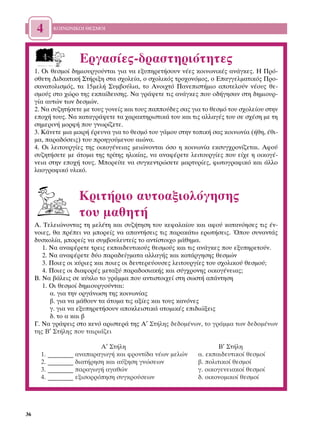 4     ∫√π¡ø¡π∫√π £∂™ª√π




                    ∂ÚÁ·Û›Â˜-‰Ú·ÛÙËÚÈﬁÙËÙÂ˜
     1. √È ıÂÛÌÔ› ‰ËÌÈÔ˘ÚÁÔ‡ÓÙ·È ÁÈ· Ó· ÂÍ˘ËÚÂÙ‹ÛÔ˘Ó Ó¤Â˜ ÎÔÈÓˆÓÈÎ¤˜ ·Ó¿ÁÎÂ˜. ∏ ¶Úﬁ-
     ÛıÂÙË ¢È‰·ÎÙÈÎ‹ ™Ù‹ÚÈÍË ÛÙ· Û¯ÔÏÂ›·, Ô Û¯ÔÏÈÎﬁ˜ ÙÚÔ¯ÔÓﬁÌÔ˜, Ô ∂·ÁÁÂÏÌ·ÙÈÎﬁ˜ ¶ÚÔ-
     Û·Ó·ÙÔÏÈÛÌﬁ˜, Ù· 15ÌÂÏ‹ ™˘Ì‚Ô‡ÏÈ·, ÙÔ ∞ÓÔÈ¯Ùﬁ ¶·ÓÂÈÛÙ‹ÌÈÔ ·ÔÙÂÏÔ‡Ó Ó¤Ô˘˜ ıÂ-
     ÛÌÔ‡˜ ÛÙÔ ¯ÒÚÔ ÙË˜ ÂÎ·›‰Â˘ÛË˜. ¡· ÁÚ¿„ÂÙÂ ÙÈ˜ ·Ó¿ÁÎÂ˜ Ô˘ Ô‰‹ÁËÛ·Ó ÛÙË ‰ËÌÈÔ˘Ú-
     Á›· ·˘ÙÒÓ ÙˆÓ ‰ÂÛÌÒÓ.
     2. ¡· Û˘˙ËÙ‹ÛÂÙÂ ÌÂ ÙÔ˘˜ ÁÔÓÂ›˜ Î·È ÙÔ˘˜ ·Ô‡‰Â˜ Û·˜ ÁÈ· ÙÔ ıÂÛÌﬁ ÙÔ˘ Û¯ÔÏÂ›Ô˘ ÛÙËÓ
     ÂÔ¯‹ ÙÔ˘˜. ¡· Î·Ù·ÁÚ¿„ÂÙÂ Ù· ¯·Ú·ÎÙËÚÈÛÙÈÎ¿ ÙÔ˘ Î·È ÙÈ˜ ·ÏÏ·Á¤˜ ÙÔ˘ ÛÂ Û¯¤ÛË ÌÂ ÙË
     ÛËÌÂÚÈÓ‹ ÌÔÚÊ‹ Ô˘ ÁÓˆÚ›˙ÂÙÂ.
     3. ∫¿ÓÂÙÂ ÌÈ· ÌÈÎÚ‹ ¤ÚÂ˘Ó· ÁÈ· ÙÔ ıÂÛÌﬁ ÙÔ˘ Á¿ÌÔ˘ ÛÙËÓ ÙÔÈÎ‹ Û·˜ ÎÔÈÓˆÓ›· (‹ıË, ¤ıÈ-
     Ì·, ·Ú·‰ﬁÛÂÈ˜) ÙÔ˘ ÚÔËÁÔ‡ÌÂÓÔ˘ ·ÈÒÓ·.
     4. √È ÏÂÈÙÔ˘ÚÁ›Â˜ ÙË˜ ÔÈÎÔÁ¤ÓÂÈ·˜ ÌÂÈÒÓÔÓÙ·È ﬁÛÔ Ë ÎÔÈÓˆÓ›· ÂÎÛ˘Á¯ÚÔÓ›˙ÂÙ·È. ∞ÊÔ‡
     Û˘˙ËÙ‹ÛÂÙÂ ÌÂ ¿ÙÔÌ· ÙË˜ ÙÚ›ÙË˜ ËÏÈÎ›·˜, Ó· ·Ó·Ê¤ÚÂÙÂ ÏÂÈÙÔ˘ÚÁ›Â˜ Ô˘ Â›¯Â Ë ÔÈÎÔÁ¤-
     ÓÂÈ· ÛÙËÓ ÂÔ¯‹ ÙÔ˘˜. ªÔÚÂ›ÙÂ Ó· Û˘ÁÎÂÓÙÚÒÛÂÙÂ Ì·ÚÙ˘Ú›Â˜, ÊˆÙÔÁÚ·ÊÈÎﬁ Î·È ¿ÏÏÔ
     Ï·ÔÁÚ·ÊÈÎﬁ ˘ÏÈÎﬁ.



                    ∫ÚÈÙ‹ÚÈÔ ·˘ÙÔ·ÍÈÔÏﬁÁËÛË˜
                    ÙÔ˘ Ì·ıËÙ‹
     ∞. ∆ÂÏÂÈÒÓÔÓÙ·˜ ÙË ÌÂÏ¤ÙË Î·È Û˘˙‹ÙËÛË ÙÔ˘ ÎÂÊ·Ï·›Ô˘ Î·È ·ÊÔ‡ Î·Ù·ÓﬁËÛÂ˜ ÙÈ˜ ¤Ó-
     ÓÔÈÂ˜, ı· Ú¤ÂÈ Ó· ÌÔÚÂ›˜ Ó· ··ÓÙ‹ÛÂÈ˜ ÙÈ˜ ·Ú·Î¿Ùˆ ÂÚˆÙ‹ÛÂÈ˜. ŸÔ˘ Û˘Ó·ÓÙ¿˜
     ‰˘ÛÎÔÏ›·, ÌÔÚÂ›˜ Ó· Û˘Ì‚Ô˘ÏÂ˘ÙÂ›˜ ÙÔ ·ÓÙ›ÛÙÔÈ¯Ô Ì¿ıËÌ·.
        1. ¡· ·Ó·Ê¤ÚÂÙÂ ÙÚÂÈ˜ ÂÎ·È‰Â˘ÙÈÎÔ‡˜ ıÂÛÌÔ‡˜ Î·È ÙÈ˜ ·Ó¿ÁÎÂ˜ Ô˘ ÂÍ˘ËÚÂÙÔ‡Ó.
        2. ¡· ·Ó·Ê¤ÚÂÙÂ ‰‡Ô ·Ú·‰Â›ÁÌ·Ù· ·ÏÏ·Á‹˜ Î·È Î·Ù¿ÚÁËÛË˜ ıÂÛÌÒÓ
        3. ¶ÔÈÂ˜ ÔÈ Î‡ÚÈÂ˜ Î·È ÔÈÂ˜ ÔÈ ‰Â˘ÙÂÚÂ‡Ô˘ÛÂ˜ ÏÂÈÙÔ˘ÚÁ›Â˜ ÙÔ˘ Û¯ÔÏÈÎÔ‡ ıÂÛÌÔ‡;
        4. ¶ÔÈÂ˜ ÔÈ ‰È·ÊÔÚ¤˜ ÌÂÙ·Í‡ ·Ú·‰ÔÛÈ·Î‹˜ Î·È Û‡Á¯ÚÔÓË˜ ÔÈÎÔÁ¤ÓÂÈ·˜;
     µ. ¡· ‚¿ÏÂÈ˜ ÛÂ Î‡ÎÏÔ ÙÔ ÁÚ¿ÌÌ· Ô˘ ·ÓÙÈÛÙÔÈ¯Â› ÛÙË ÛˆÛÙ‹ ·¿ÓÙËÛË
        1. √È ıÂÛÌÔ› ‰ËÌÈÔ˘ÚÁÔ‡ÓÙ·È:
           ·. ÁÈ· ÙËÓ ÔÚÁ¿ÓˆÛË ÙË˜ ÎÔÈÓˆÓ›·˜
           ‚. ÁÈ· Ó· Ì¿ıÔ˘Ó Ù· ¿ÙÔÌ· ÙÈ˜ ·Í›Â˜ Î·È ÙÔ˘˜ Î·ÓﬁÓÂ˜
           Á. ÁÈ· Ó· ÂÍ˘ËÚÂÙ‹ÛÔ˘Ó ·ÔÎÏÂÈÛÙÈÎ¿ ·ÙÔÌÈÎ¤˜ ÂÈ‰ÈÒÍÂÈ˜
           ‰. ÙÔ · Î·È ‚
     °. ¡· ÁÚ¿„ÂÈ˜ ÛÙÔ ÎÂÓﬁ ·ÚÈÛÙÂÚ¿ ÙË˜ ∞′ ™Ù‹ÏË˜ ‰Â‰ÔÌ¤ÓˆÓ, ÙÔ ÁÚ¿ÌÌ· ÙˆÓ ‰Â‰ÔÌ¤ÓˆÓ
     ÙË˜ µ′ ™Ù‹ÏË˜ Ô˘ Ù·ÈÚÈ¿˙ÂÈ

                           ∞′ ™Ù‹ÏË                                  µ′ ™Ù‹ÏË
       1. ________ ·Ó··Ú·ÁˆÁ‹ Î·È ÊÚÔÓÙ›‰· Ó¤ˆÓ ÌÂÏÒÓ        ·. ÂÎ·È‰Â˘ÙÈÎÔ› ıÂÛÌÔ›
       2. ________ ‰È·Ù‹ÚËÛË Î·È ·‡ÍËÛË ÁÓÒÛÂˆÓ               ‚. ÔÏÈÙÈÎÔ› ıÂÛÌÔ›
       3. ________ ·Ú·ÁˆÁ‹ ·Á·ıÒÓ                            Á. ÔÈÎÔÁÂÓÂÈ·ÎÔ› ıÂÛÌÔ›
       4. ________ ÂÍÈÛÔÚÚﬁËÛË Û˘ÁÎÚÔ‡ÛÂˆÓ                   ‰. ÔÈÎÔÓÔÌÈÎÔ› ıÂÛÌÔ›




36
 