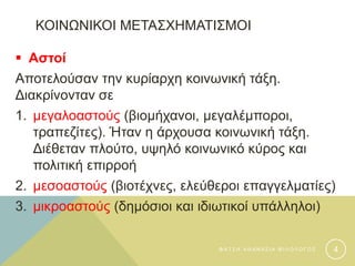 ΚΟΙΝΩΝΙΚΟΙ ΜΕΤΑΣΧΗΜΑΤΙΣΜΟΙ
 Αστοί
Αποτελούσαν την κυρίαρχη κοινωνική τάξη.
Διακρίνονταν σε
1. μεγαλοαστούς (βιομήχανοι, μεγαλέμποροι,
τραπεζίτες). Ήταν η άρχουσα κοινωνική τάξη.
Διέθεταν πλούτο, υψηλό κοινωνικό κύρος και
πολιτική επιρροή
2. μεσοαστούς (βιοτέχνες, ελεύθεροι επαγγελματίες)
3. μικροαστούς (δημόσιοι και ιδιωτικοί υπάλληλοι)
Φ Α Τ Σ Η Α Θ Α Ν Α Σ Ι Α Φ Ι Λ Ο Λ Ο Γ Ο Σ 4
 
