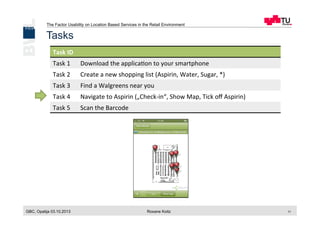 The Factor Usability on Location Based Services in the Retail Environment
GBC, Opatija 03.10.2013 Roxane Koitz 11
Tasks
Task	
  ID	
  
Task	
  1	
   Download	
  the	
  applica[on	
  to	
  your	
  smartphone	
  
Task	
  2	
   Create	
  a	
  new	
  shopping	
  list	
  (Aspirin,	
  Water,	
  Sugar,	
  *)	
  
Task	
  3	
   Find	
  a	
  Walgreens	
  near	
  you	
  
Task	
  4	
   Navigate	
  to	
  Aspirin	
  („Check-­‐in“,	
  Show	
  Map,	
  Tick	
  oﬀ	
  Aspirin)	
  
Task	
  5	
   Scan	
  the	
  Barcode	
  
 