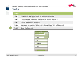 The Factor Usability on Location Based Services in the Retail Environment
GBC, Opatija 03.10.2013 Roxane Koitz 13
Tasks
Task	
  ID	
  
Task	
  1	
   Download	
  the	
  applica[on	
  to	
  your	
  smartphone	
  
Task	
  2	
   Create	
  a	
  new	
  shopping	
  list	
  (Aspirin,	
  Water,	
  Sugar,	
  *)	
  
Task	
  3	
   Find	
  a	
  Walgreens	
  near	
  you	
  
Task	
  4	
   Navigate	
  to	
  Aspirin	
  („Check-­‐in“,	
  Show	
  Map,	
  Tick	
  oﬀ	
  Aspirin)	
  
Task	
  5	
   Scan	
  the	
  Barcode	
  
 