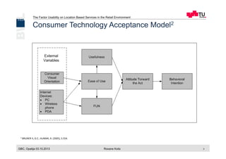 The Factor Usability on Location Based Services in the Retail Environment
GBC, Opatija 03.10.2013 Roxane Koitz 3
Consumer Technology Acceptance Model2
2	
  BRUNER	
  II,	
  G.C.;	
  KUMAR,	
  A.	
  (2005),	
  S.554.	
  
 
