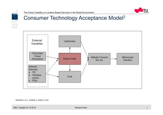 The Factor Usability on Location Based Services in the Retail Environment
GBC, Opatija 03.10.2013 Roxane Koitz 4
Consumer Technology Acceptance Model2
2	
  BRUNER	
  II,	
  G.C.;	
  KUMAR,	
  A.	
  (2005),	
  S.554.	
  
 
