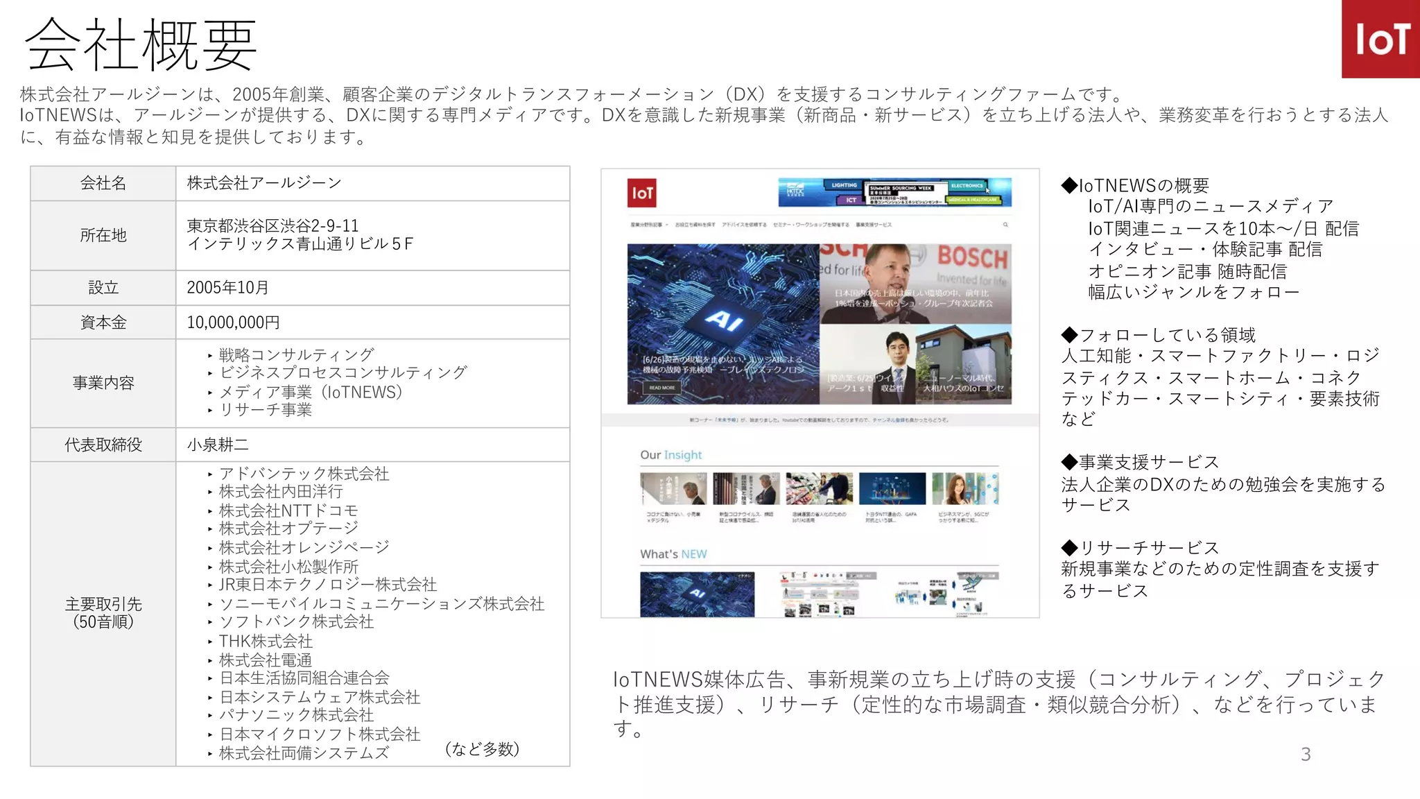 会社概要
3
株式会社アールジーンは、2005年創業、顧客企業のデジタルトランスフォーメーション（DX）を⽀援するコンサルティングファームです。
IoTNEWSは、アールジーンが提供する、DXに関する専⾨メディアです。DXを意識した新規事業（新商品・新サービス）を⽴ち上げる法⼈や、業務変⾰を⾏おうとする法⼈
に、有益な情報と知⾒を提供しております。
会社名
所在地
設⽴
資本⾦
事業内容
株式会社アールジーン
東京都渋⾕区渋⾕2-9-11
インテリックス⻘⼭通りビル５F
2005年10⽉
10,000,000円
‣戦略コンサルティング
‣ビジネスプロセスコンサルティング
‣メディア事業（IoTNEWS）
‣リサーチ事業
代表取締役 ⼩泉耕⼆
主要取引先
（50⾳順）
‣アドバンテック株式会社
‣株式会社内⽥洋⾏
‣株式会社NTTドコモ
‣株式会社オプテージ
‣株式会社オレンジページ
‣株式会社⼩松製作所
‣JR東⽇本テクノロジー株式会社
‣ソニーモバイルコミュニケーションズ株式会社
‣ソフトバンク株式会社
‣THK株式会社
‣株式会社電通
‣⽇本⽣活協同組合連合会
‣⽇本システムウェア株式会社
‣パナソニック株式会社
‣⽇本マイクロソフト株式会社
‣株式会社両備システムズ （など多数）
IoTNEWS媒体広告、事新規業の⽴ち上げ時の⽀援（コンサルティング、プロジェク
ト推進⽀援）、リサーチ（定性的な市場調査・類似競合分析）、などを⾏っていま
す。
◆IoTNEWSの概要
IoT/AI専⾨のニュースメディア
IoT関連ニュースを10本〜/⽇ 配信
インタビュー・体験記事 配信
オピニオン記事 随時配信
幅広いジャンルをフォロー
◆フォローしている領域
⼈⼯知能・スマートファクトリー・ロジ
スティクス・スマートホーム・コネク
テッドカー・スマートシティ・要素技術
など
◆事業⽀援サービス
法⼈企業のDXのための勉強会を実施する
サービス
◆リサーチサービス
新規事業などのための定性調査を⽀援す
るサービス
 