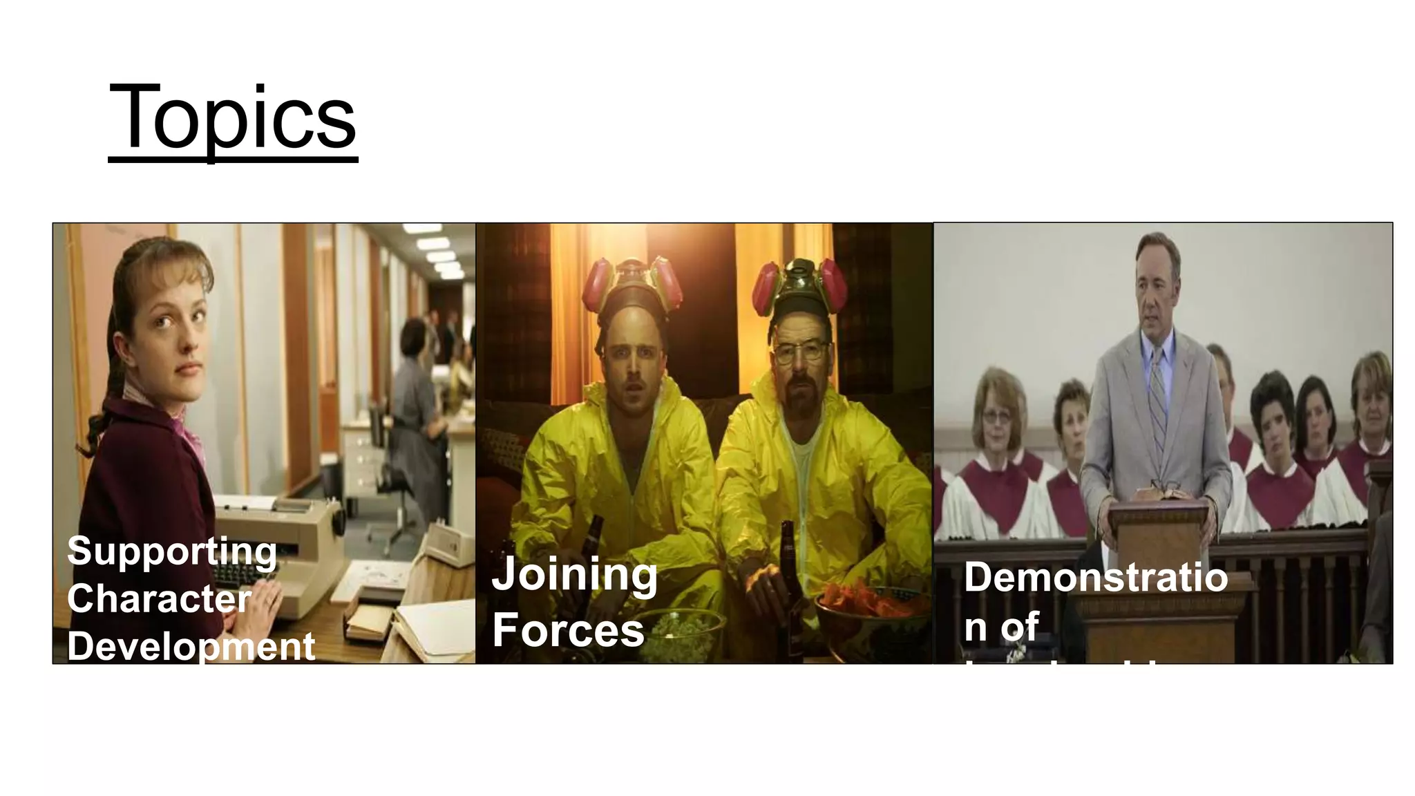 Topics
Supporting
Character
Development
Joining
Forces
Demonstratio
n of
Leadership
 