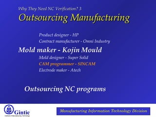 Institute of Manufacturing Technology
Manufacturing Information Technology Division
Why They Need NC Verification? 3Why They Need NC Verification? 3
Outsourcing ManufacturingOutsourcing Manufacturing
Product designer - HP
Contract manufacturer - Omni Industry
Mold maker - Kojin Mould
Mold designer - Super Solid
CAM programmer - SINCAM
Electrode maker - Atech
Outsourcing NC programs
 